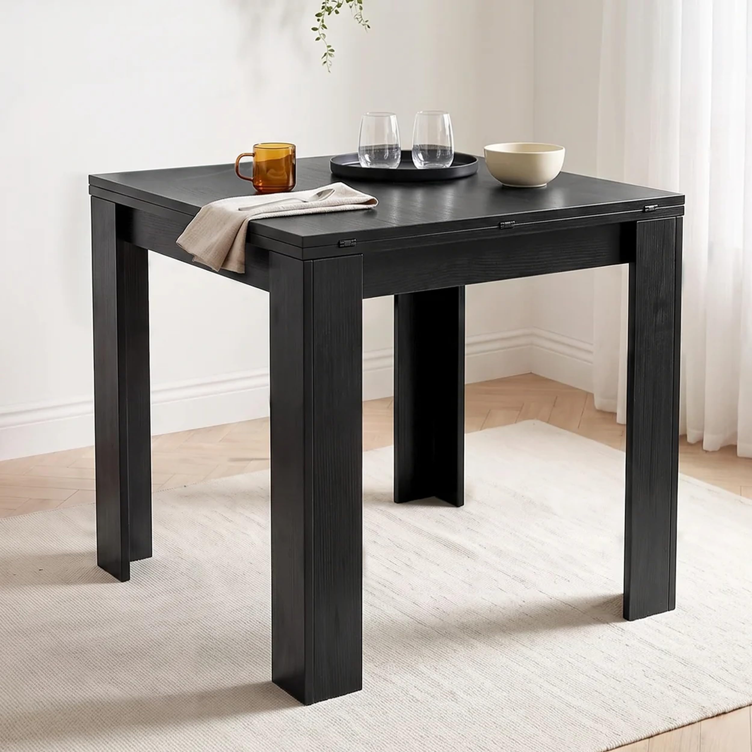 Blisswood Extendable Dining Table 4-6 Seater, Space Saving Flip Top Dining Table, Wooden Kitchen Table with Butterfly Extension, Modern Folding Dining Room Table for Homes, 80-160 cm, Black Wood