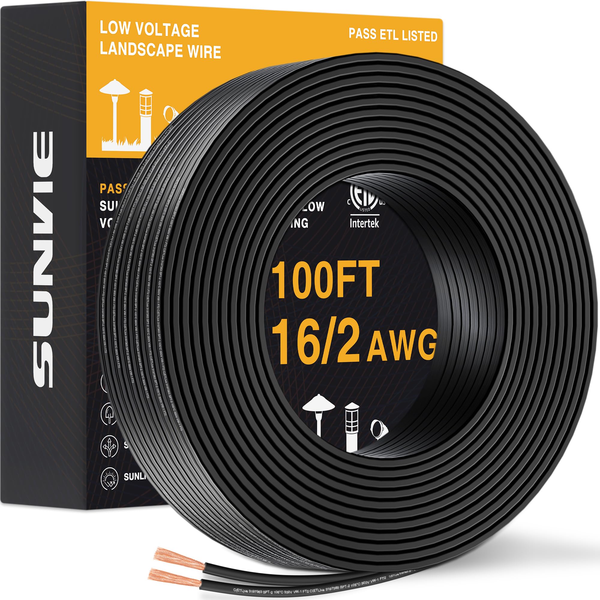 100FT 16/2 Low Voltage Landscape Wire, 16 Gauge Low Voltage Stranded Copper Wire, 16 AWG 2 Conductor Electric Wire Direct Burial Lamp Wire for Landscape Lighting Wire, ETL Listed, Black