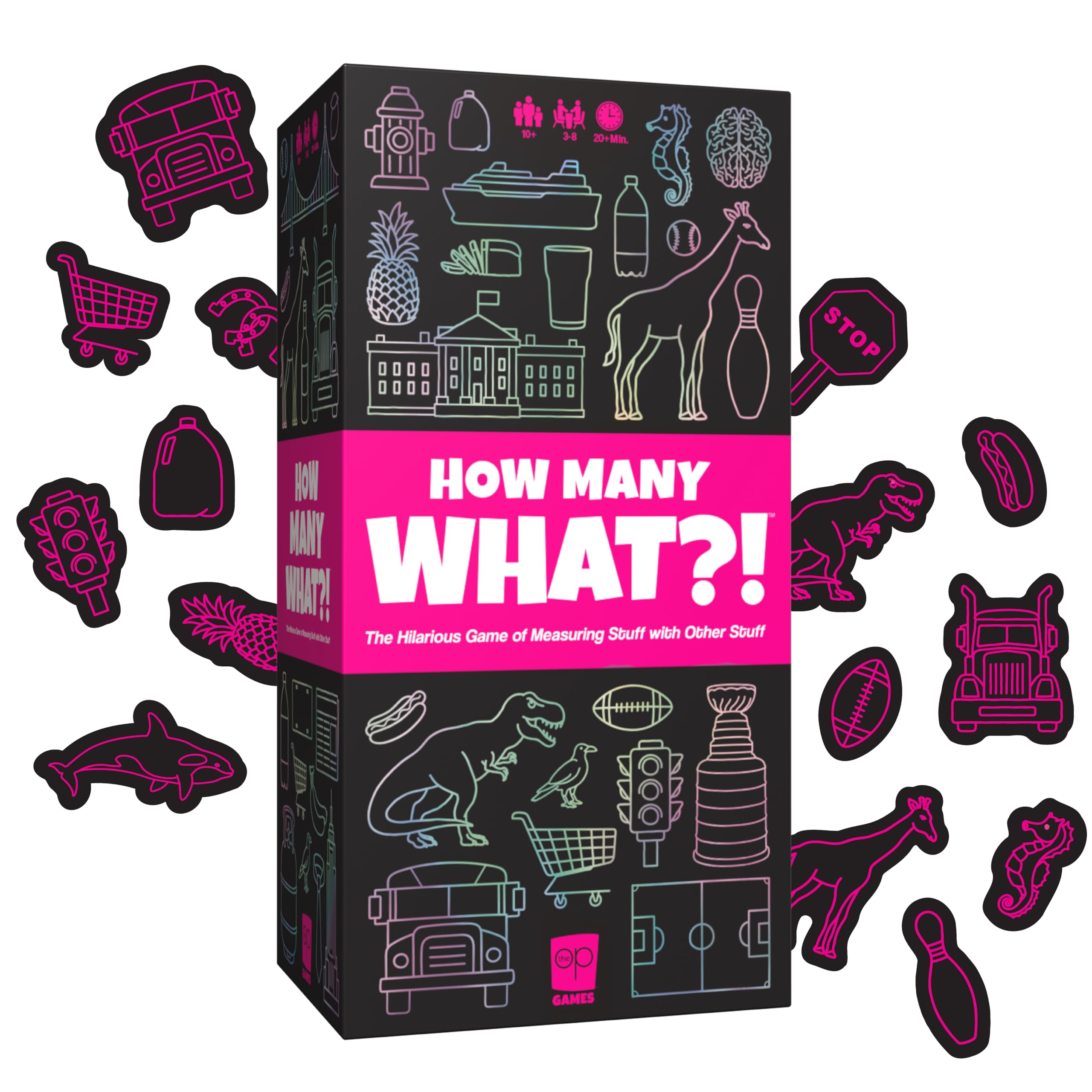 USAopoly How Many What?! – Hilarious Party Game of Ridiculous Comparisons – Family Game Night Favorite – for 3–8 Players – Ages 10+ – Includes 150 Cards, Dry-​Erase Boards, and Tokens