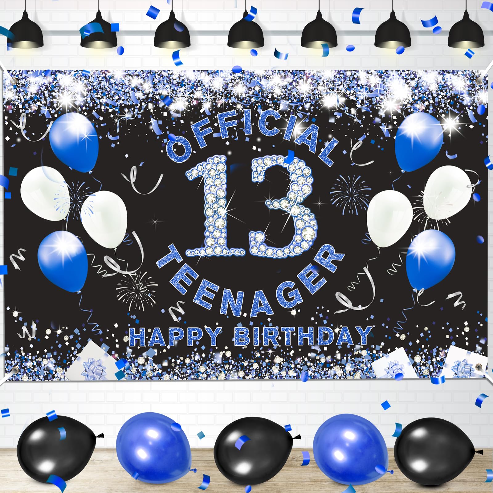 Black Blue 13th Birthday Decorations Banner for Boys Happy 13th Birthday Banner 13 Birthday Party Photo Booth Background for Thirteenth Years Old Birthday Party Supplies 70.8 x 43.3 inches