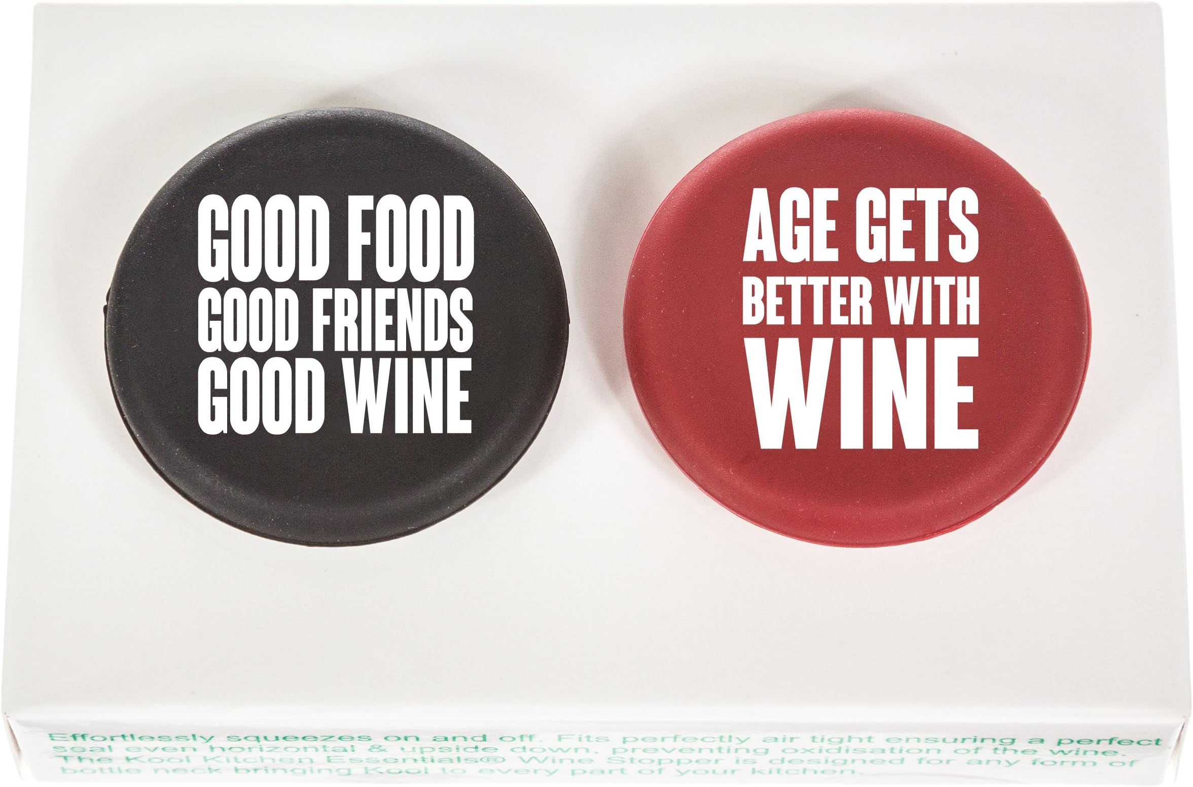 Kool Kitchen Essentials Reusable Vacuum Wine Stoppers, Funny Quote Silicone Bottle Caps in 2 Pack Gift Box