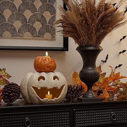 Miniatura 6 de Luminara Jack-o'-Lantern - Portavelas de calabaza Perfectamente pálido 10 x 6.75 pulgadas Cepillo seco de resina para Halloween, otoño, cosecha,