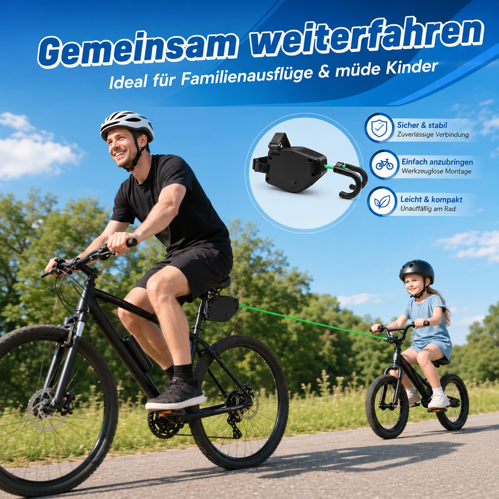 Abschleppseil Fahrrad Kinder, 2,5 m Einziehbares Fahrrad Zugseil bis 225 kg/500 lbs, Fahrradseil zum Abschleppen für Kinderfahrrad, MTB, E-Bike, Familienradtouren