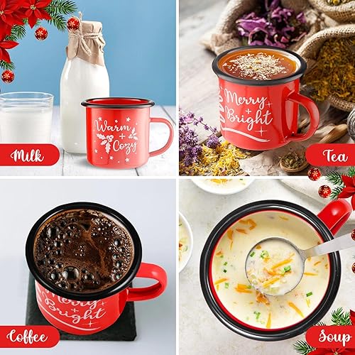 Miniatura 6 de Paquete de 2 tazas de Navidad de 12 onzas de esmalte rojo de Navidad, tazas de té esmaltadas de Papá Noel feliz y brillante, regalo de Navidad, taza