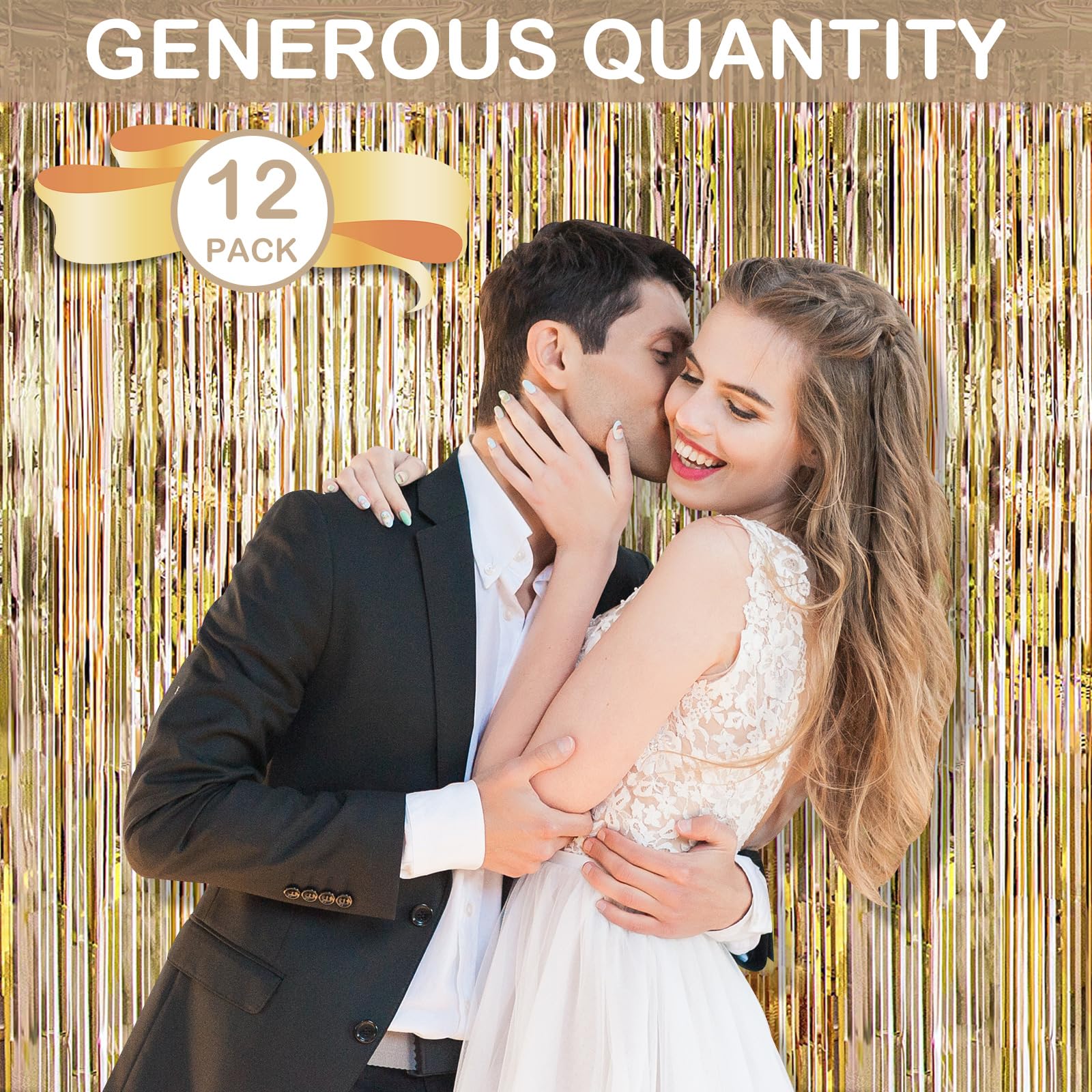 Champagne Gold Fringe Curtain Party Streamers, 12 Pack 3.3ft x 8.2ft Foil Curtain Backdrop Tinsel Foil Fringe Curtains Photo Booth Backdrop Streamer for Birthday, Wedding, Baby Shower, Disco Party