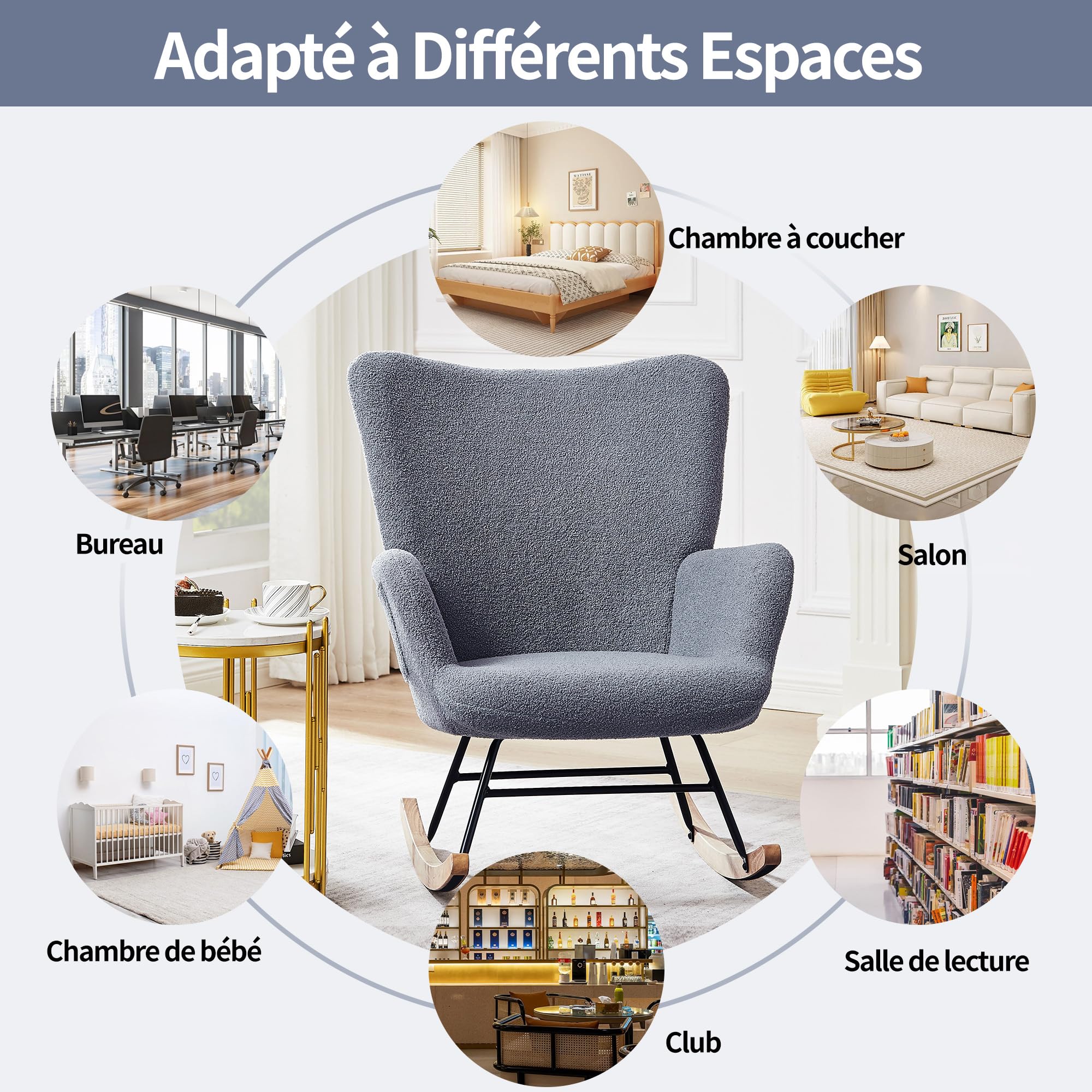 VECELO Fauteuil à Bascule Allaitement Moderne en Tissu Bouclé, avec Dossier Haut, Accoudoirs et Poche, Structure en Acier, Pieds en Bois Massif, pour Chambre, Salon