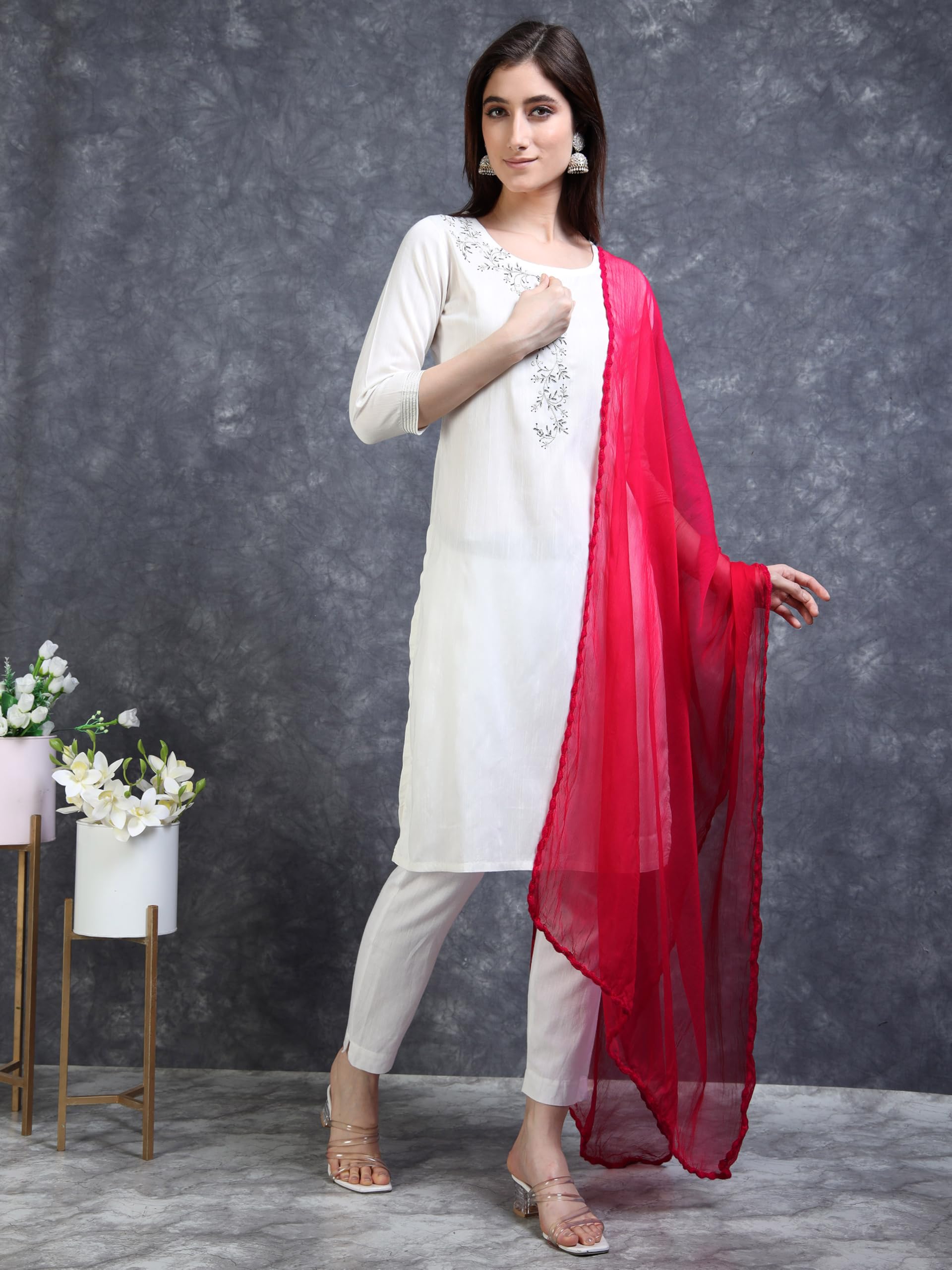 Miraan Solid Pure Chiffon Dupatta with Woven Border, 2.25 meters length (CHIFFDUPDARKPINK06_Dark Pink) - Image 4 thumbnail