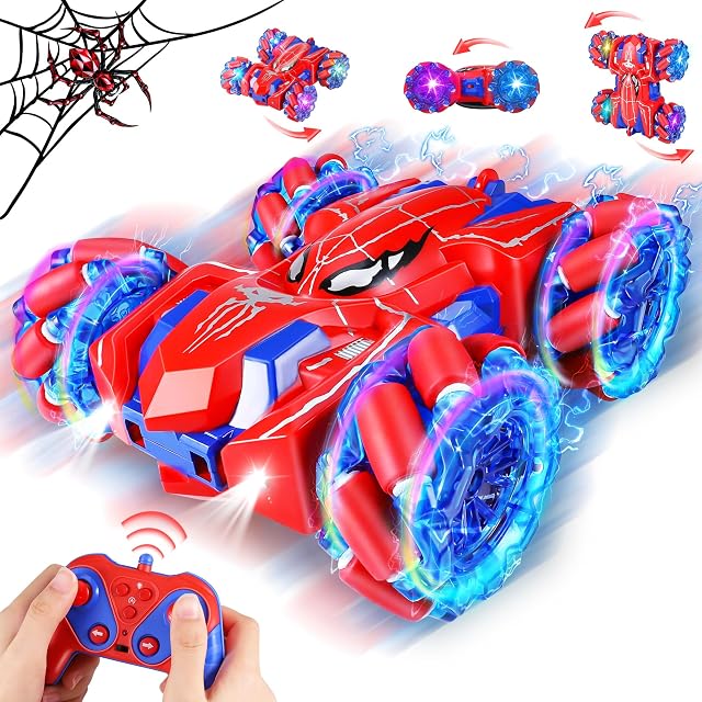 Kssvzz Spider Voitures de télécommande pour enfants, RC Voiture Stunt avec bande lumineuse, 2.4 Ghz RC Voitures, jouets pour garçons Âge 4 5 6 7 8 9 10 Année, Jouet de voiture pour les garçons 4-6 5-7 8-12, Jouets d'araignée rechargeables