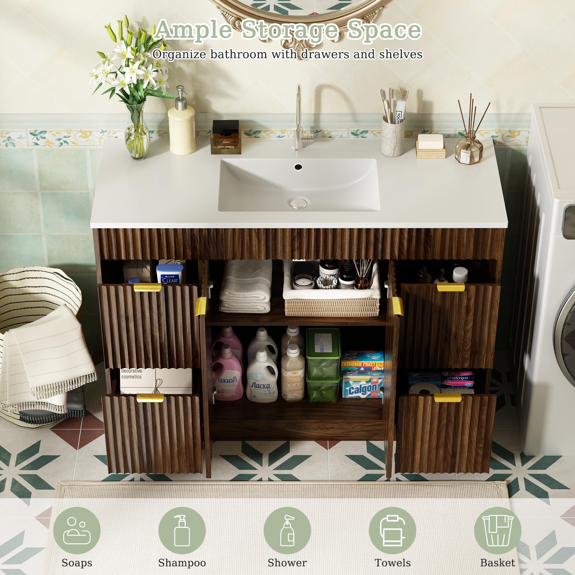 NOVAMAISON 48' Fluted Bathroom Vanity with Sink, Freestanding Bathroom Cabinet w - product photo