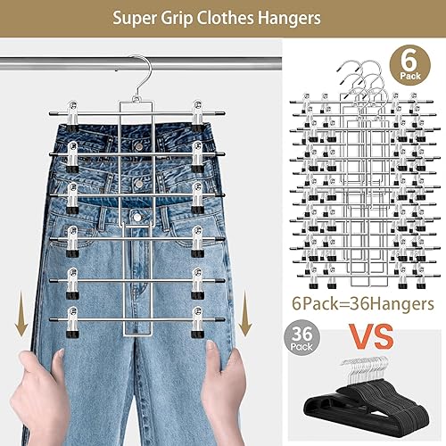 Miniatura 3 de Perchas, perchas para pantalones, perchas de ropa de 6 niveles con gancho giratorio de 360, perchas que ahorran espacio con clips, organizador de