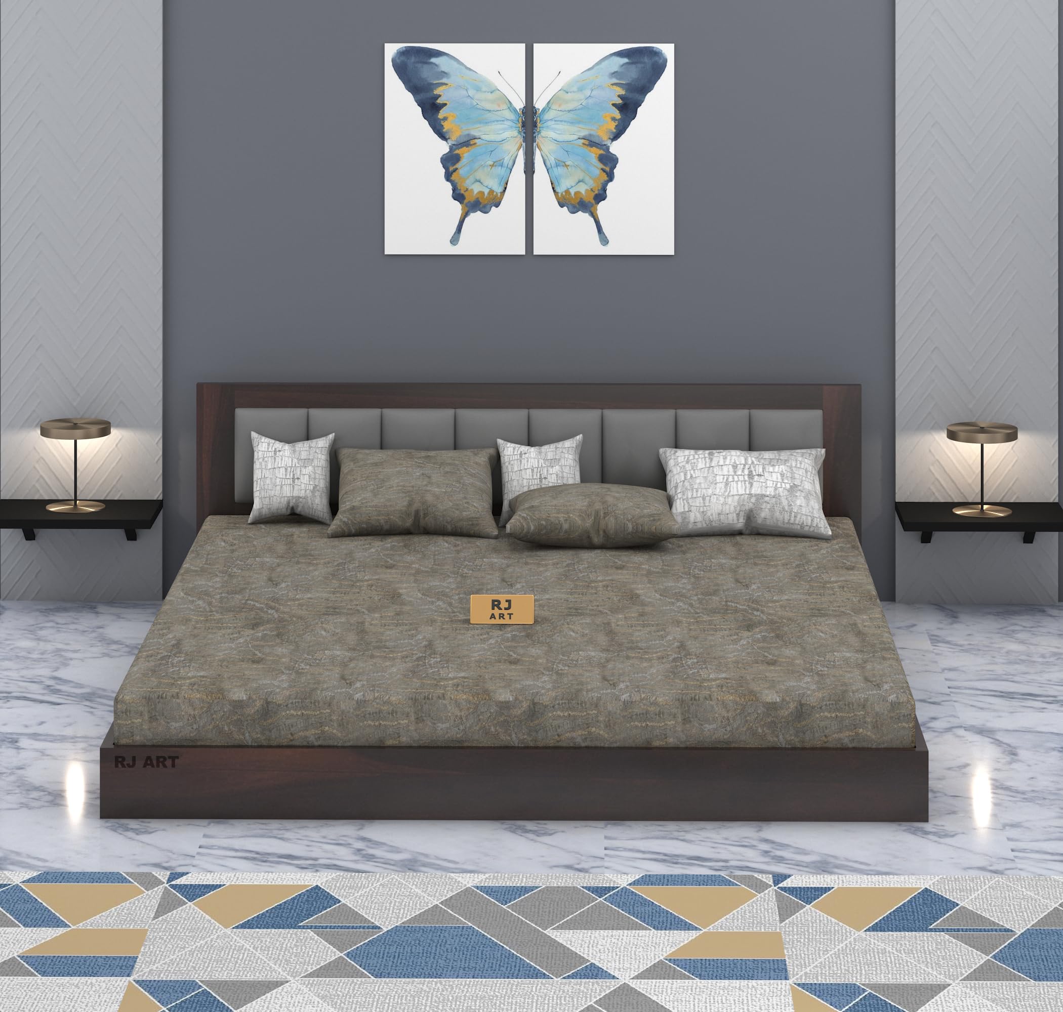 RJ ART Solid Sheesham Wood Low Height Queen Size Bed Without Storage | Wooden Platform Double Bed | Space Saving Low Floor/Lying/Rise/Level/Profile Cot Bed for Bedroom | Walnut Finish
