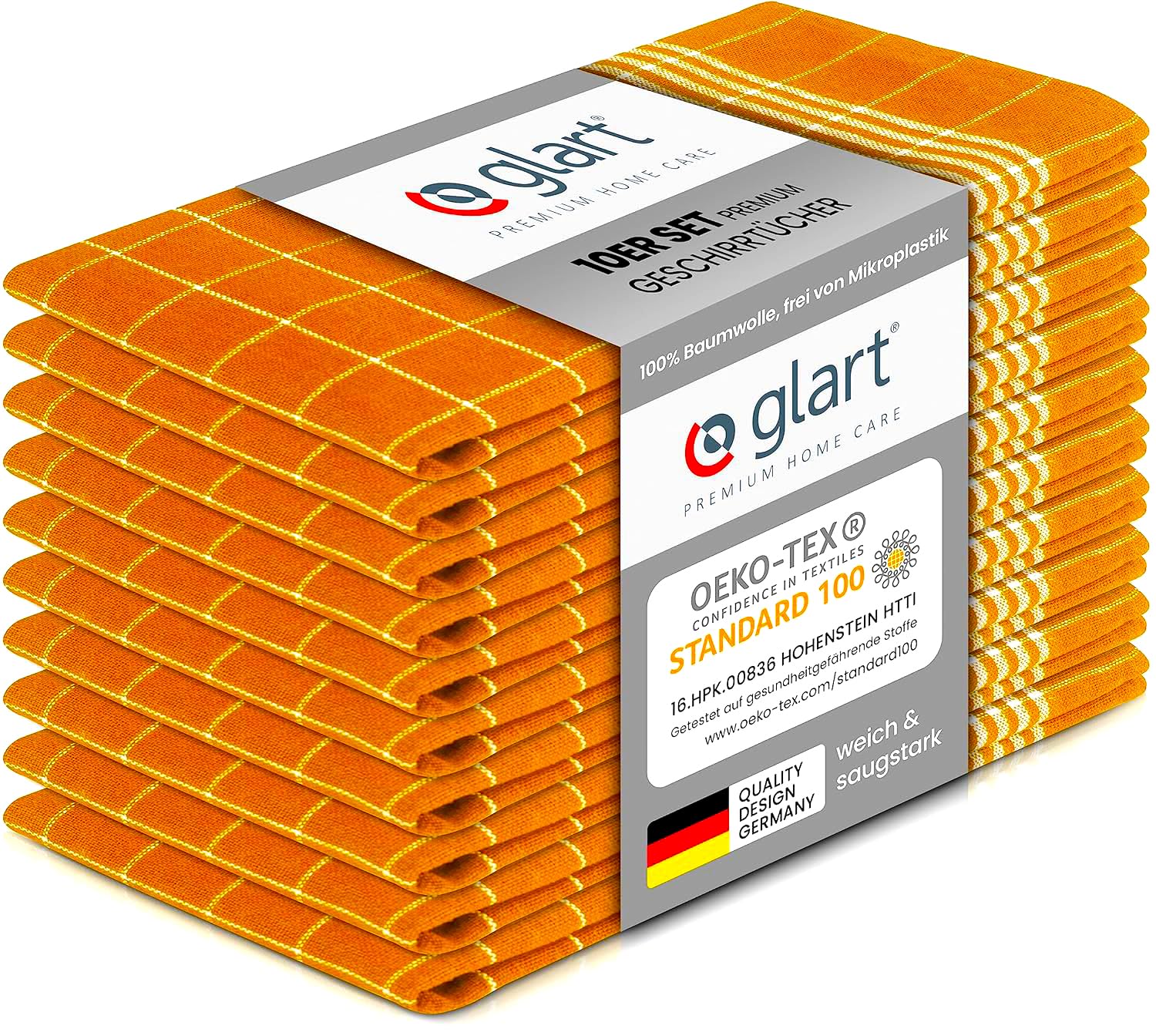 Glart 48YI2 10er Set Küchentücher 50x70 cm aus 100% Baumwolle in gelb, OEKO-TEX Standard 100 zertifiziert, fusselfrei, waschbar, vorgewaschen für die Küche und Abwasch