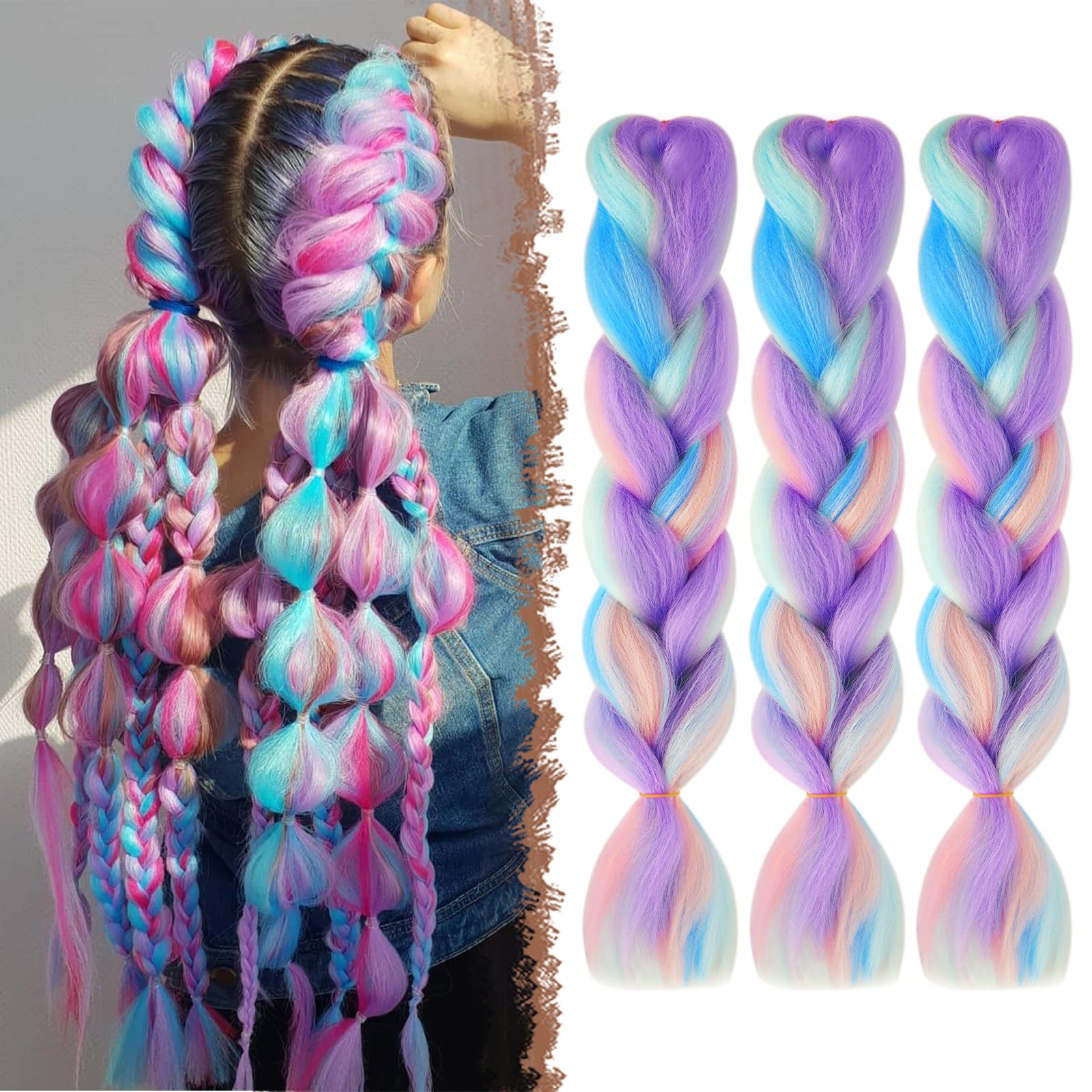 FESHFEN Kanekalon Extensiones para Trenzas 3 Piezas Extensión de Pelo Trenzado Africanas Sintético Jumbo Braiding Extensiones de Cabello Trenzado para Ganchillo, Púrpura/Azul/Rosa/Verde