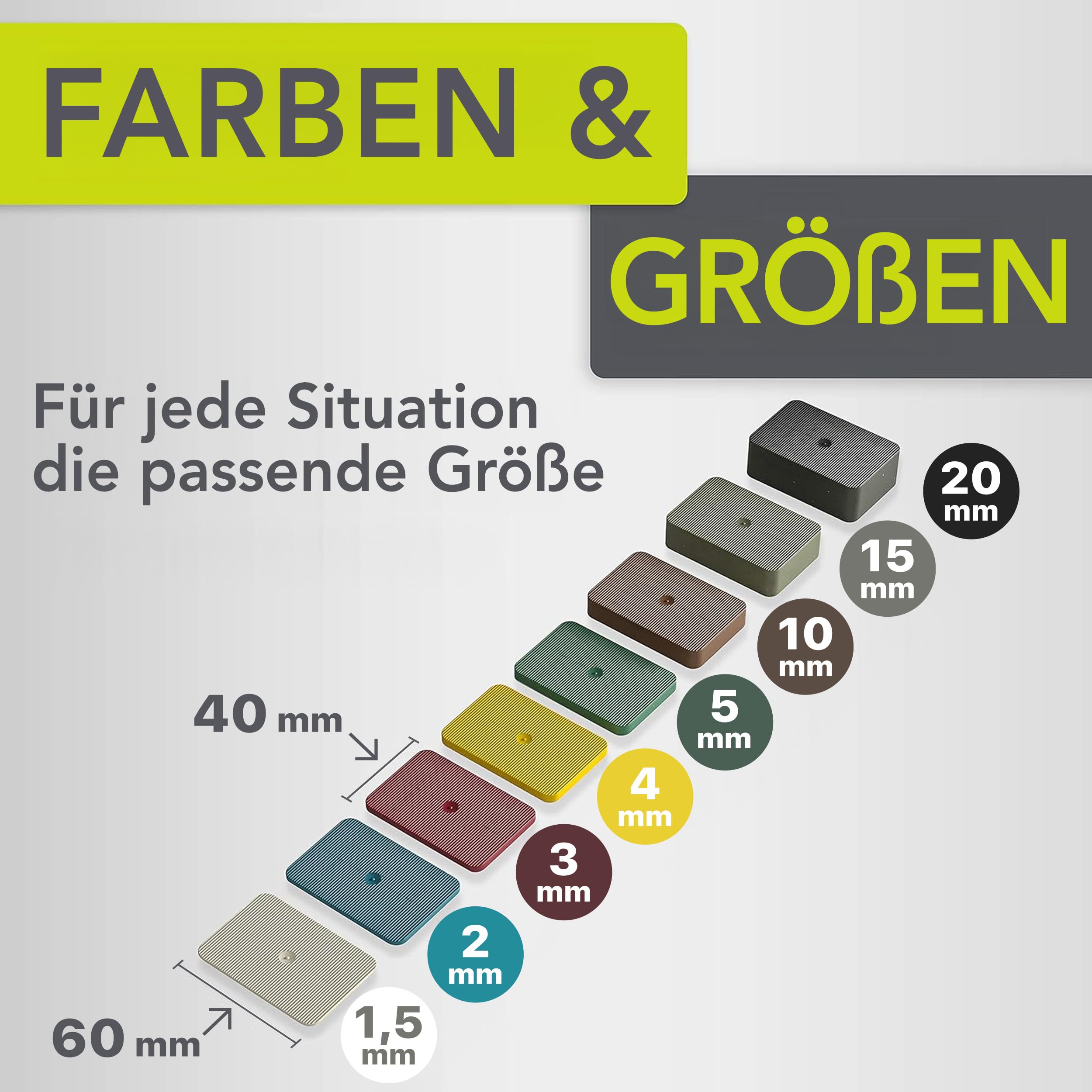 Premium Unterlegplatten | 60 x 40 mm, 80 Stk Mix | Abstandshalter, Plättchen aus Kunststoff, Unterlegklotz, Distanzhalter | Tragfähigkeit bis 16 t | Set je 10x 1.5,2,3,4,5,10,15,20 mm