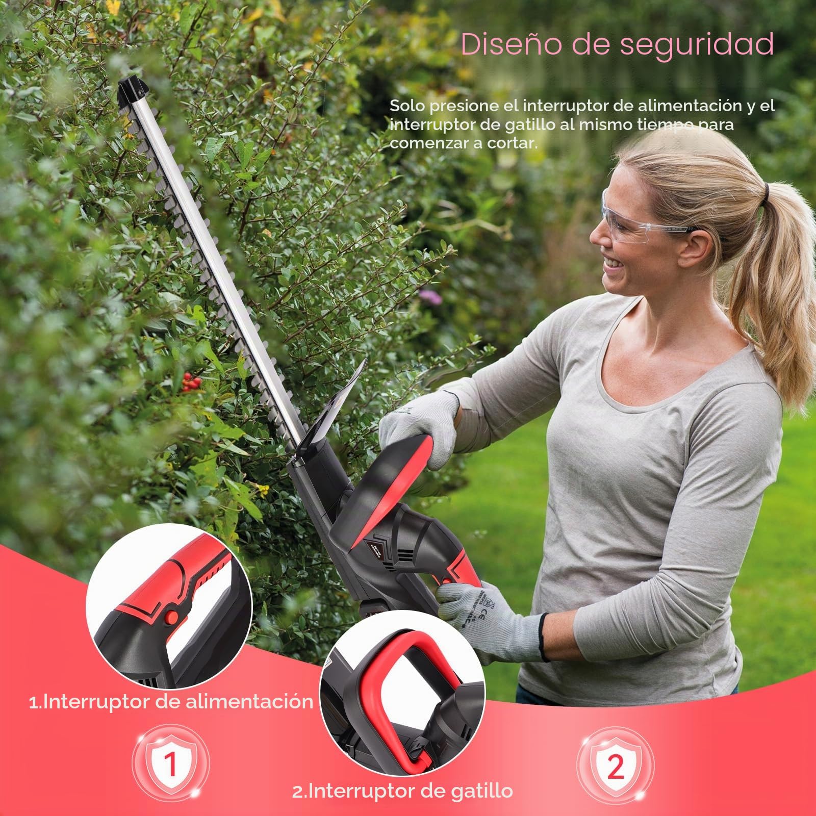 Cortasetos a batería 48 cm, Corte 15 mm con 2 baterías 2.0Ah | 18500 RPM, Cortasetos Eléctrico Inalámbrico para Setos, Arbustos y Jardín
