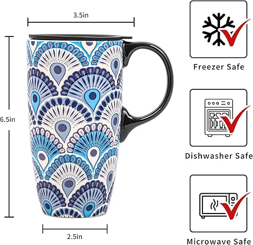 Miniatura 3 de Taza de viaje de café de cerámica de 17 onzas con asa y tapa deslizante resistente a las salpicaduras, taza de arte de té alta de porcelana de gran