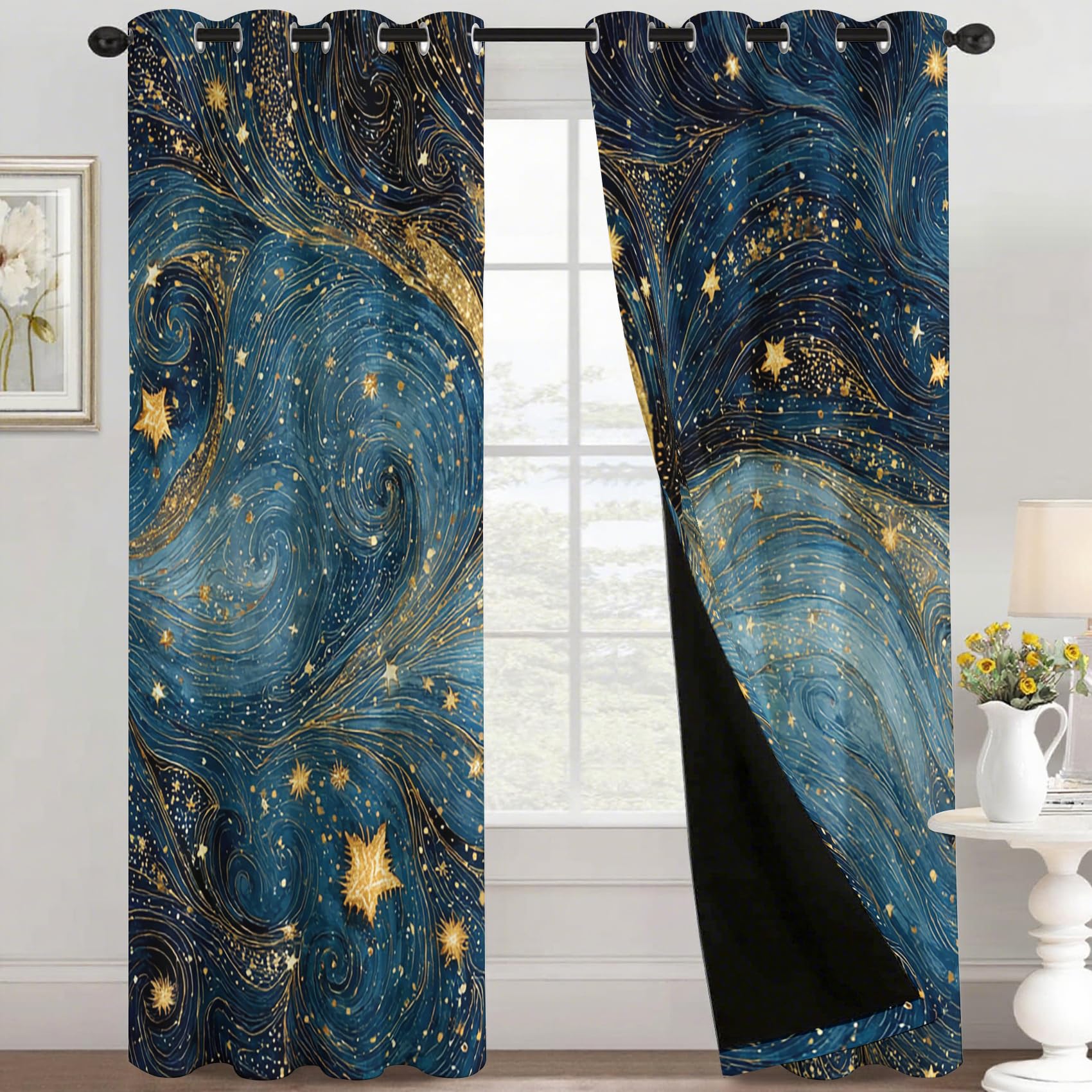 Generisch Sternenhimmel Vorhänge mit Ösen, 2 Stück H 166 x B 75 | Blackout Curtains, Blau Gold Fantasy Celestial Motiv, Thermo Blickdichte Gardinen, Schlafzimmer Wohnzimmer Deko E7997