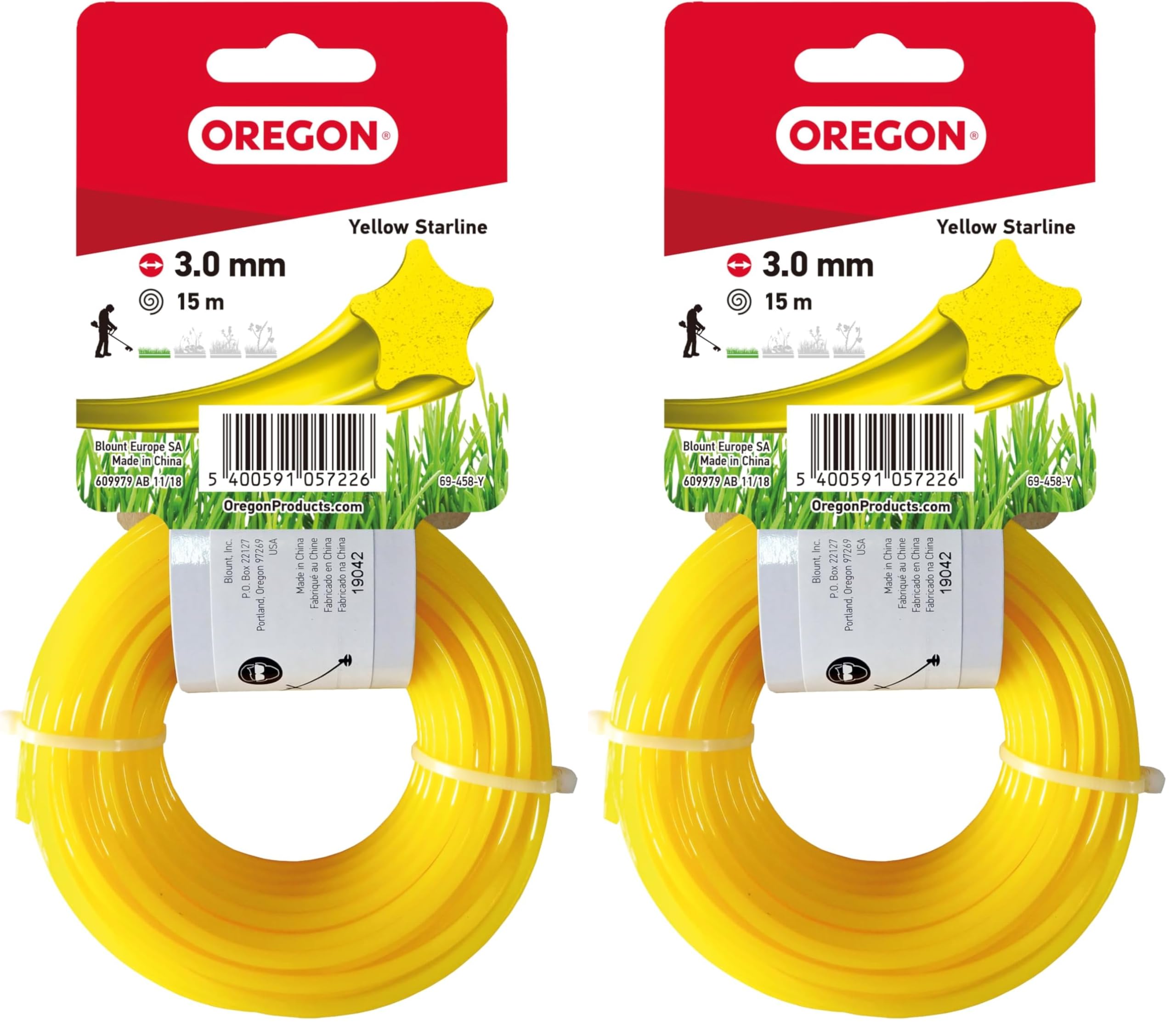 Oregon Hilo para Desbrozadora y Cortacésped, Hilo de Corte Color Amarillo, Cinco Filos en Estrella, Compatible con Todas Las Desbrozadoras Estándar, 3mm-15m (‎69-458-Y) (Paquete de 2)