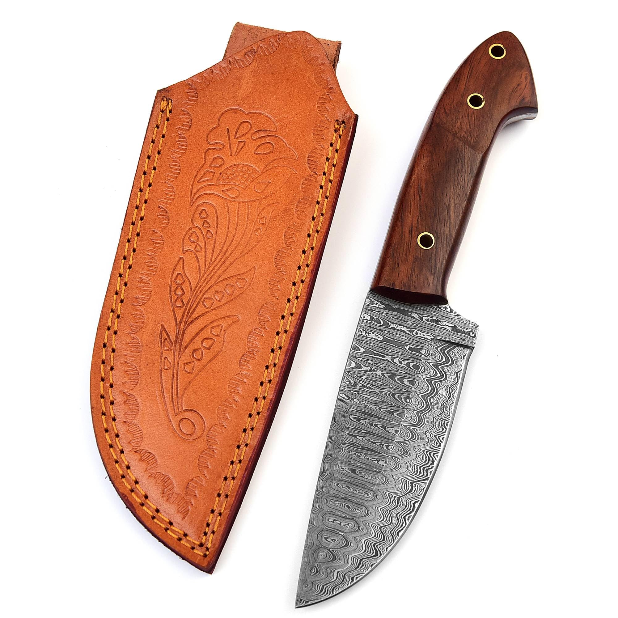 Damast Jagdmesser schöne Klingenmaserung Damast Stahl mit Lederhülle MAQ1302