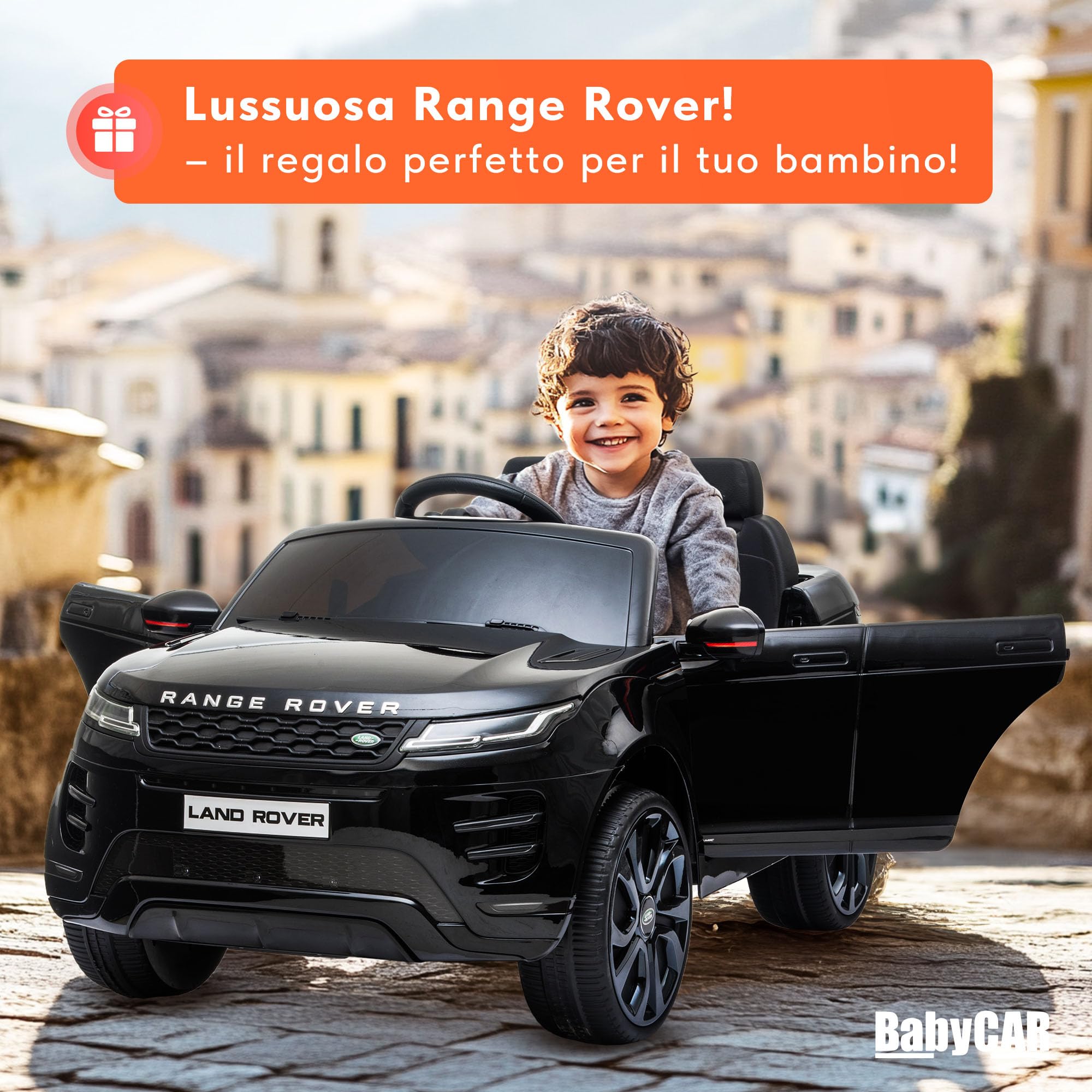 BabyCar Range Rover Evoque | Macchina per Bambini Elettrica Telecomandata 12V 2 Motori 35W | Auto Elettrica per Bambini 2 Posti | Sedile Pelle, Porte Apribili, USB | Licenza Ufficiale | Nero, MP3