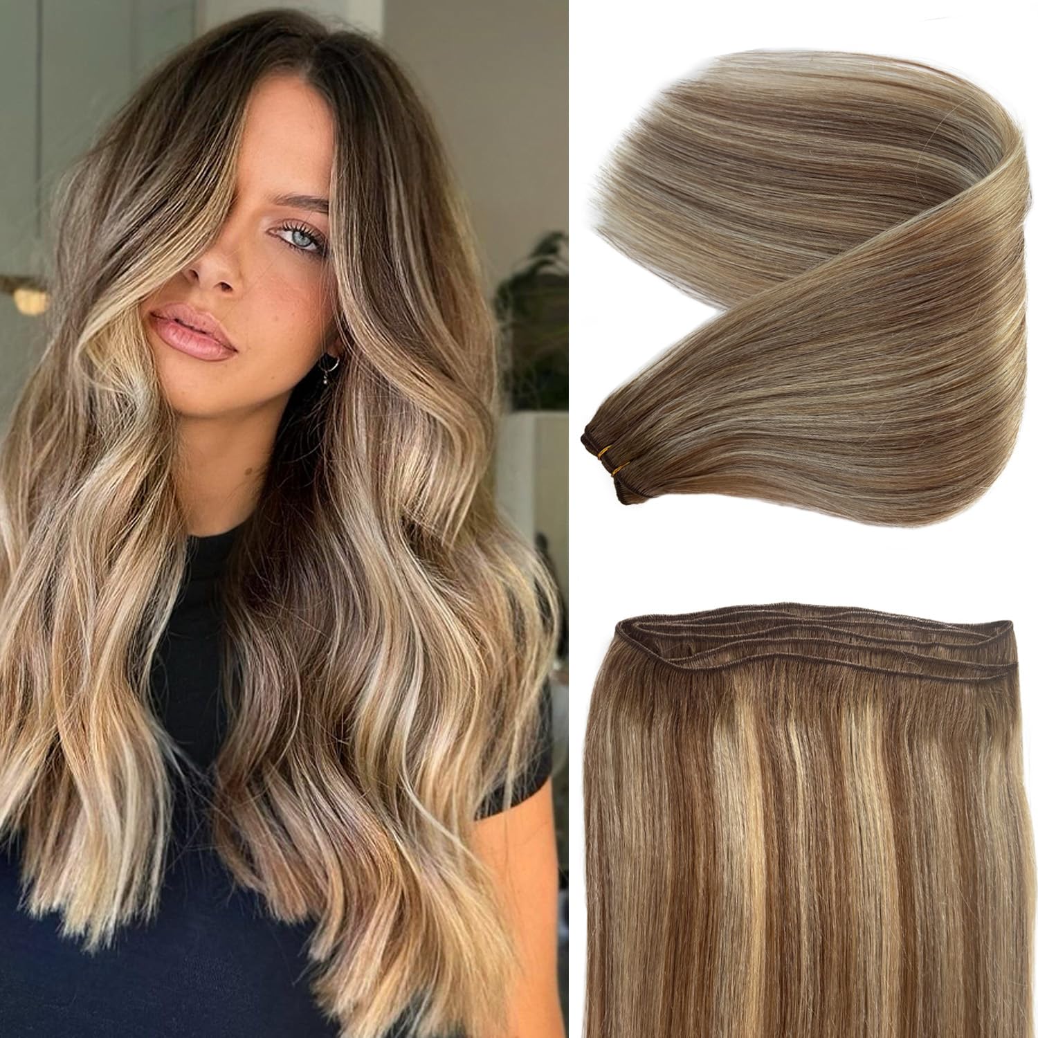 Human Hair Extensions Sew in 24 Inch Balayage Weft Extensions Ash Brown and Blonde Highlight Sew in Hair Bundles Real Human Hair 120G Thick Straight
