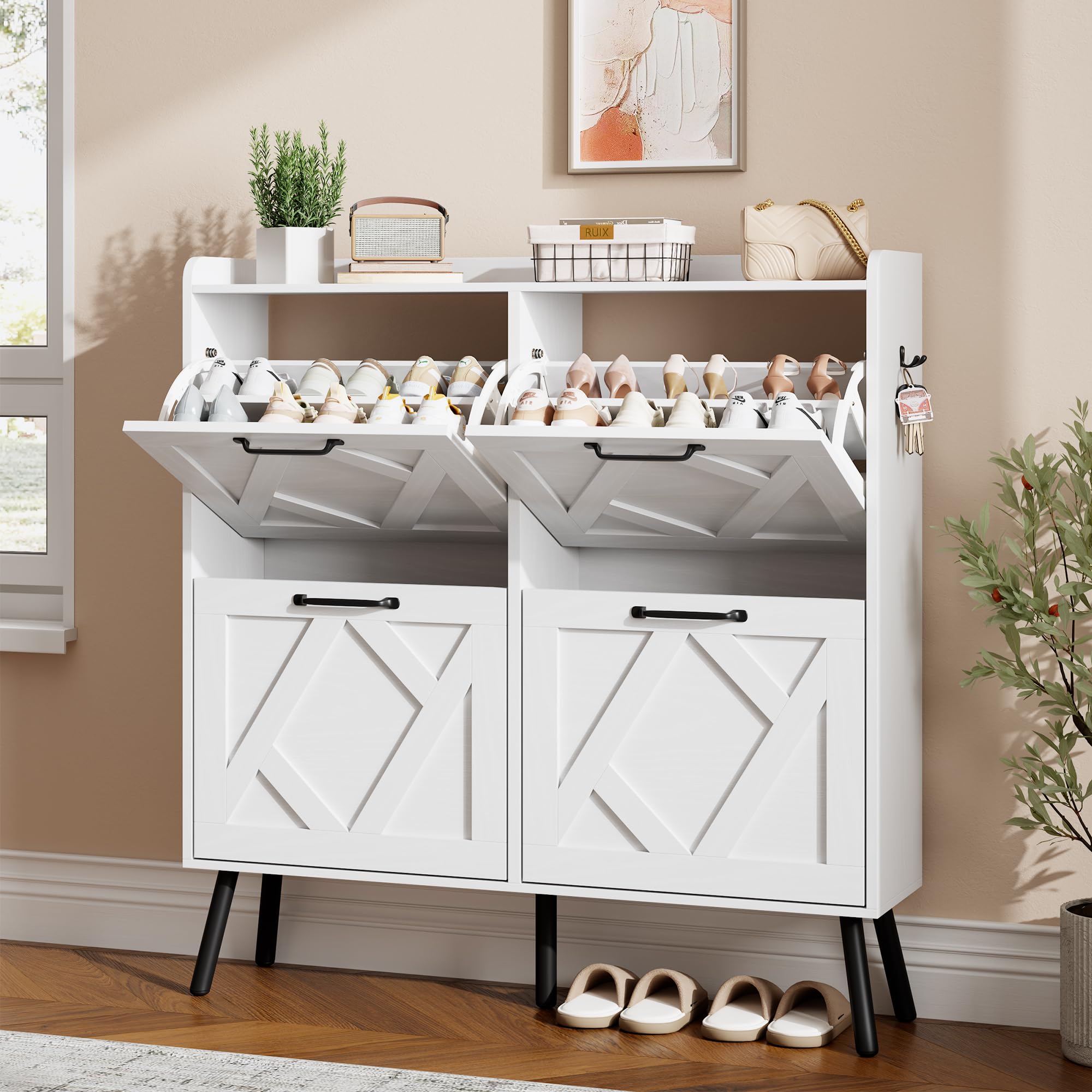 Nicetree Shoe Cabinet with 4 Flip Drawers, Freestanding Shoe Organizer Cabinet with Metal Legs, Farmhouse Slim Shoe Rack Cabinet for Entryway, Foyer, Hallway, White