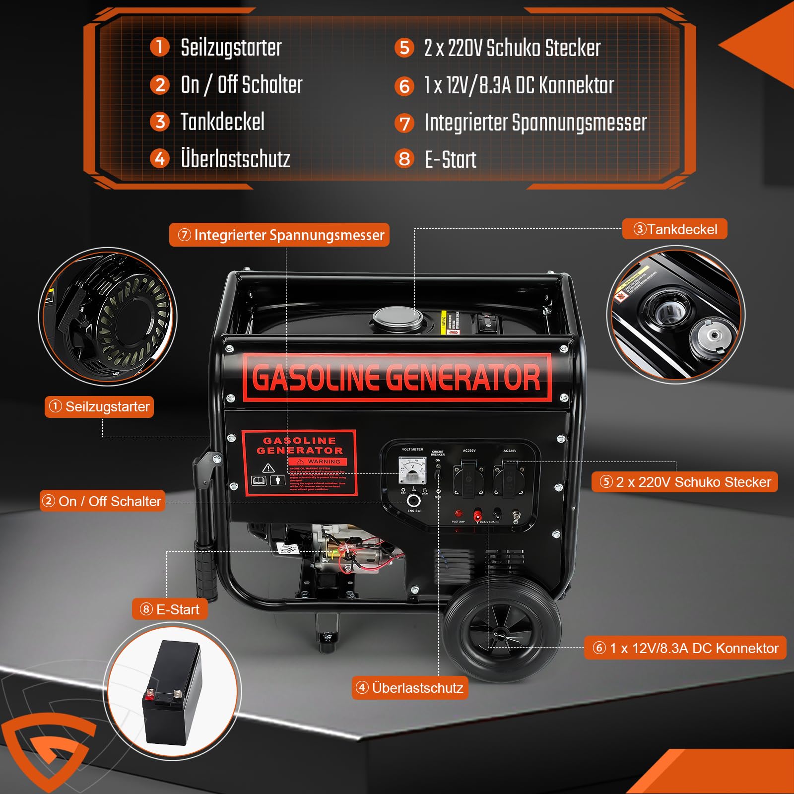 Benzin Stromgenerator mit E-Start | 4-Takt Benzin Motor mit 12PS | 5000W Leistung | 274mm Hubraum | 2x 230V | 12V Anschluss | 15L Tank | AVR-Technologie | inkl. Fahrvorrichtung