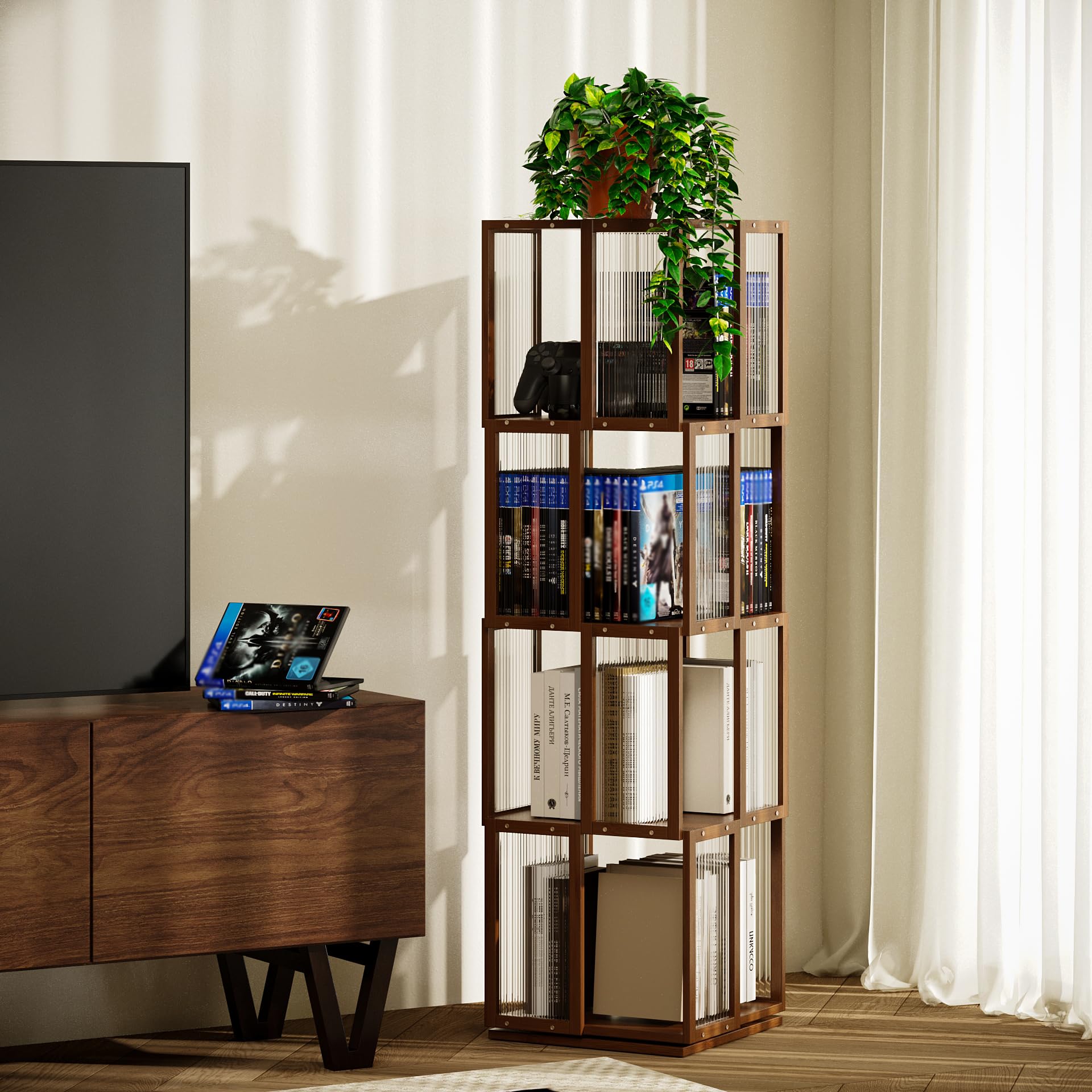 BAMEOS Drehbarer Bücherturm mit 4 Ebenen, 360° drehbares Bücherregal aus Massivholz, braun, Würfelform, Eckregal für Büro, Schlafzimmer und Wohnzimmer