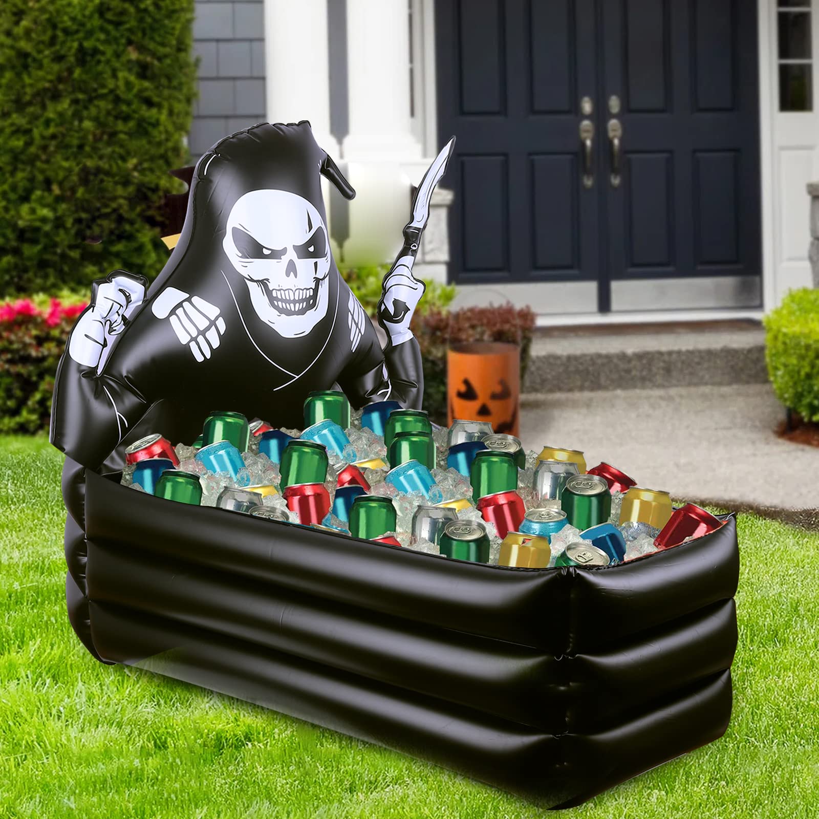 44 Inch Inflatable Grim Reaper Coffin Cooler Halloween Party Supplies 120+ Cans Large Capacity Inflatable Drink Holder for Indoor Outdoor Home Halloween Birthday Party Decorations
