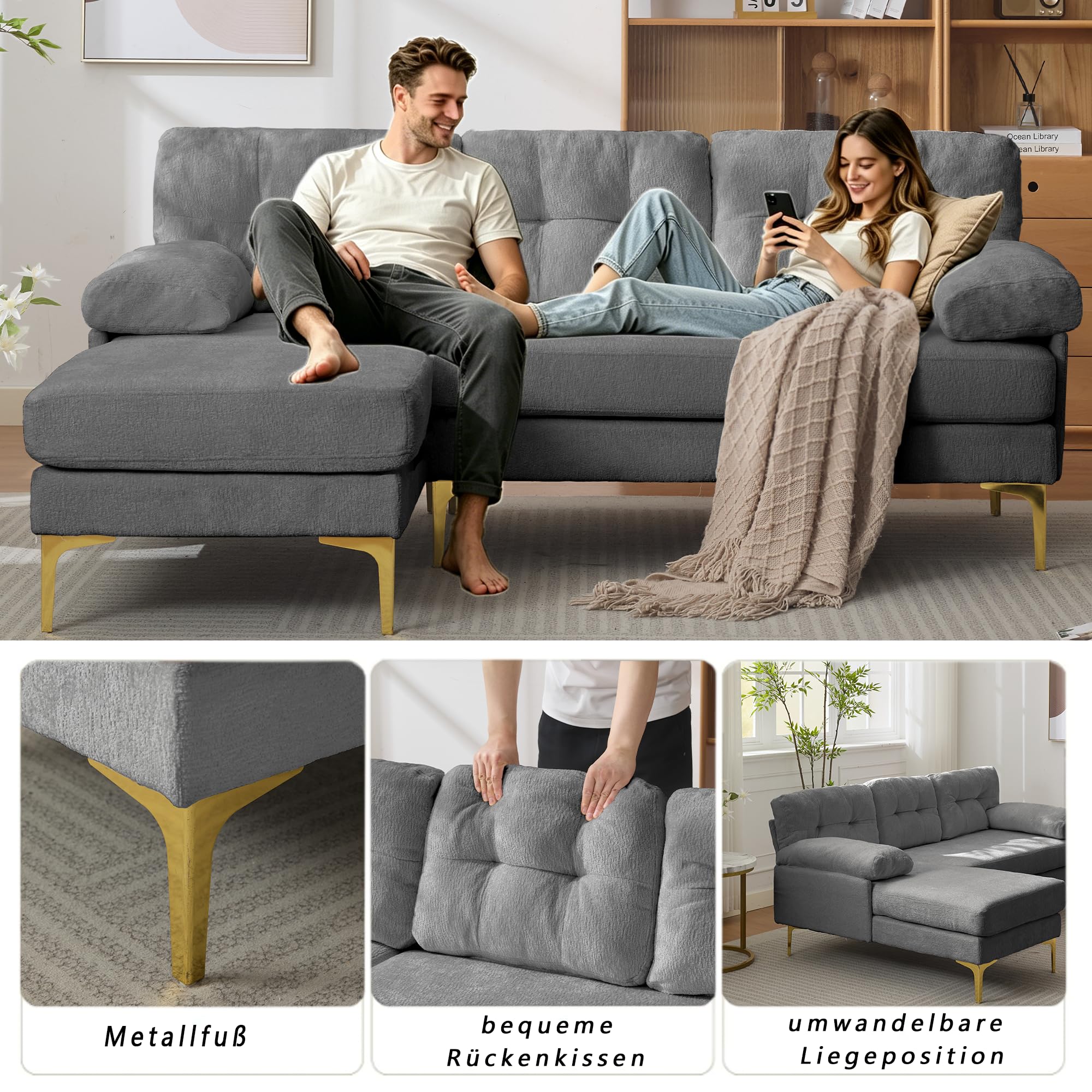 Generisch Szenilowa sofa 3-osobowa, w kształcie litery L, szara, wymienna strona do leżenia