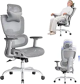 LarkLeaves Cadeira Ergonômica de Escritório em Tela Mesh para Home Office e Estudo, Suporte Lombar 2D, Encosto Ajustável 5 Níveis, Braços 3D, Inclinação 145 Graus com Cabide, Cinza