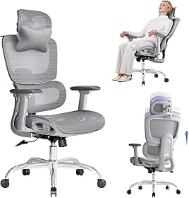 LarkLeaves Cadeira Ergonômica de Escritório em Tela Mesh para Home Office e Estudo, Suporte Lombar 2D, Encosto Ajustável 5 Níveis, Braços 3D, Inclinação 145 Graus com Cabide, Cinza