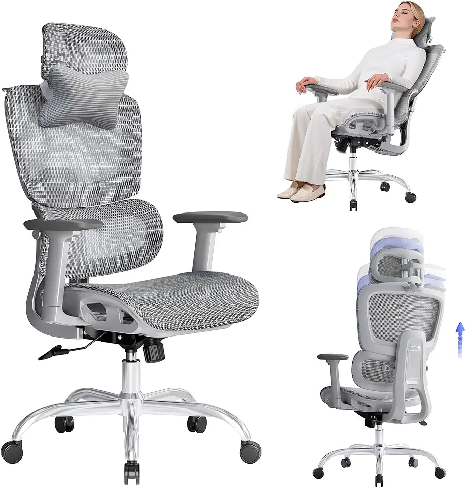 LarkLeaves Cadeira Ergonômica de Escritório em Tela Mesh para Home Office e Estudo, Suporte Lombar 2D, Encosto Ajustável 5 Níveis, Braços 3D, Inclinação 145 Graus com Cabide, Cinza