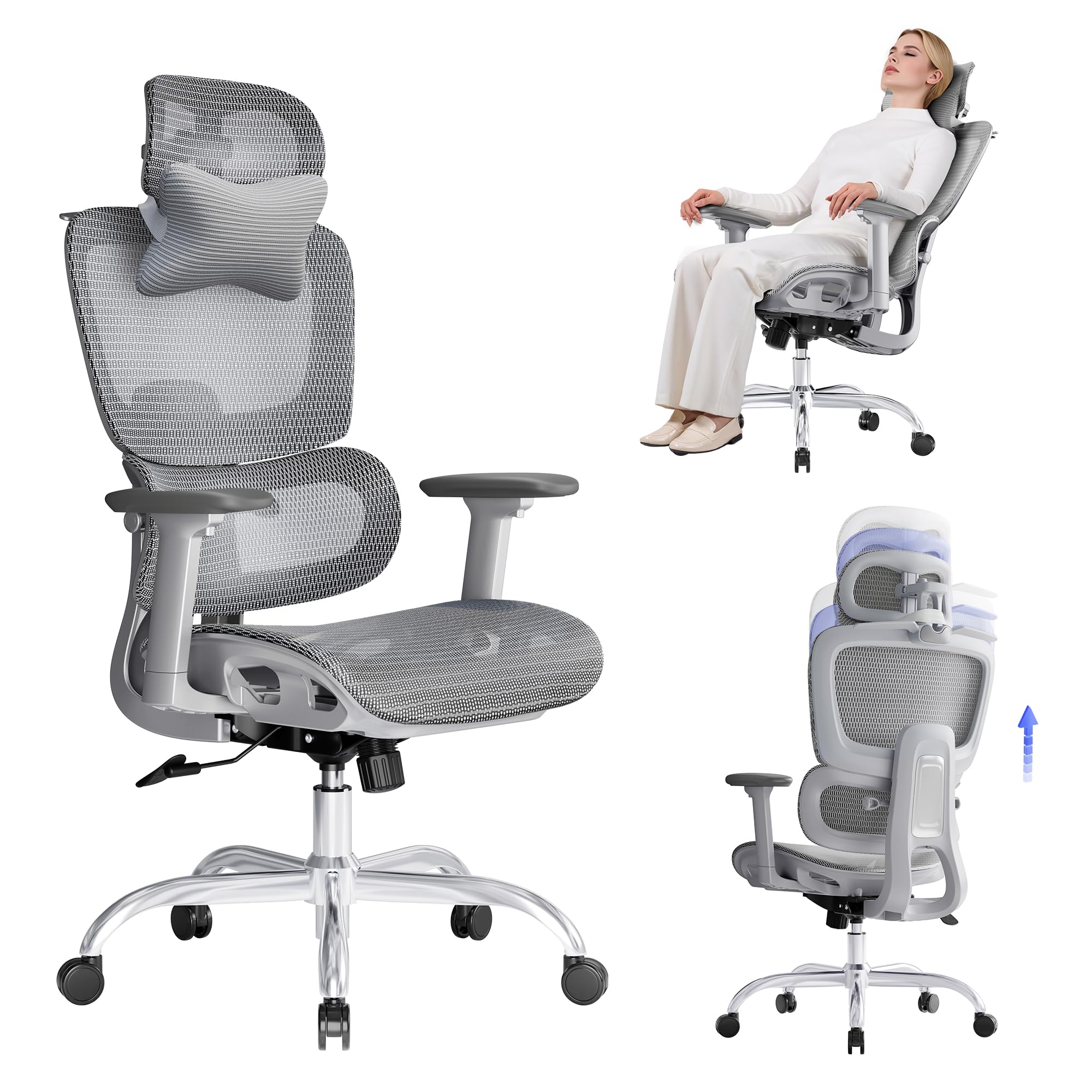 LarkLeaves Sedia da Ufficio Ergonomica in Rete con Supporto Lombare Adattivo 2D e Braccioli 3D, Schienale a 5 Livelli per Smart Working e Casa, Reclinabile 145 Gradi con Appendiabiti, Grigio