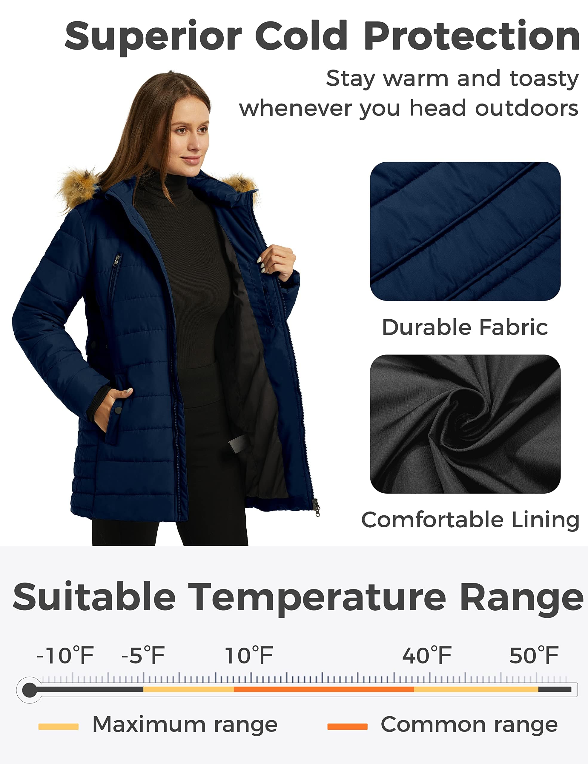 Wantdo Cappotto Caldo Invernale Giacca Media Lunga Antivento Parka con Cappuccio Staccabile in Pelliccia Giubbotto Slim Fit Idrorepellente Donna