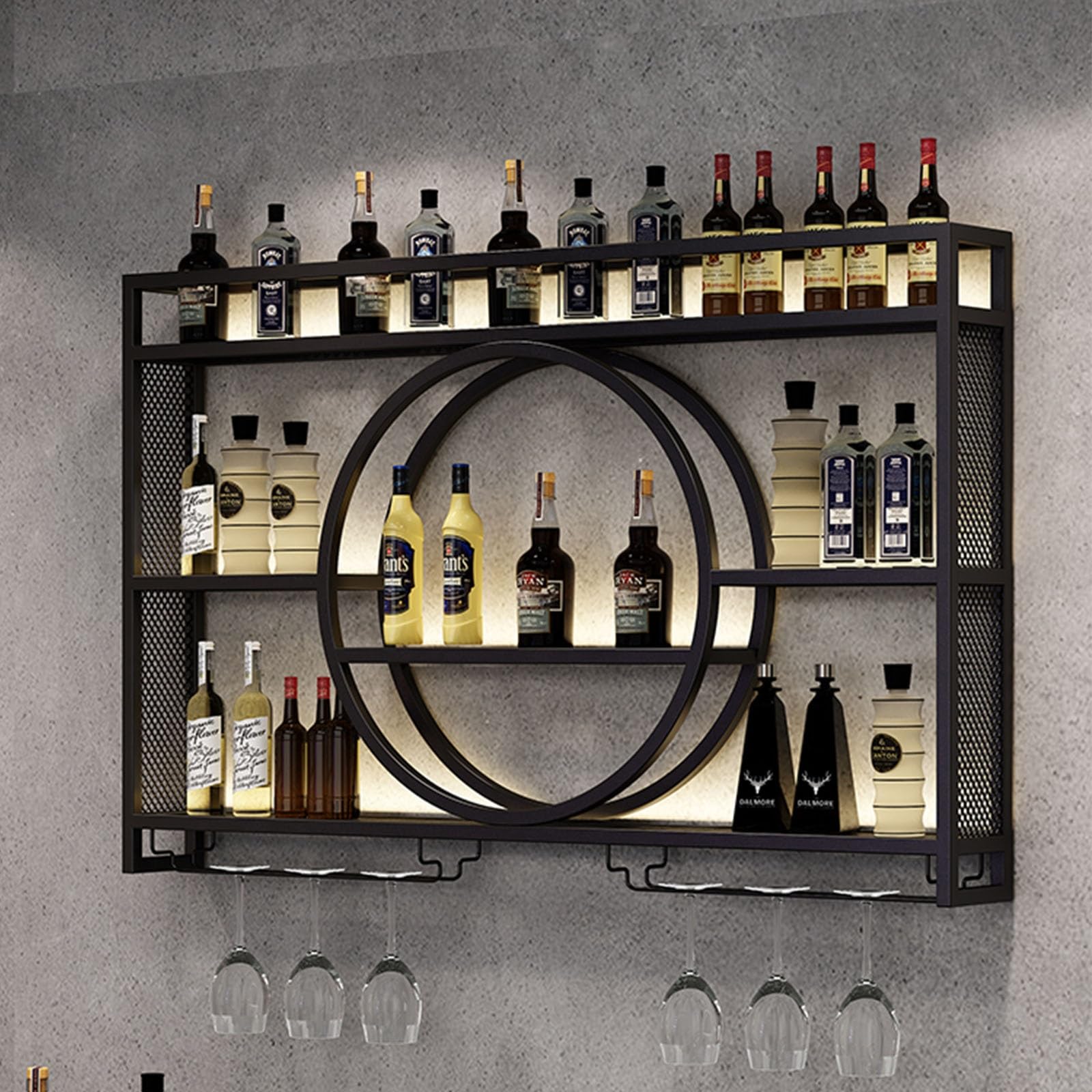 Wand-Weinregal Mit LED Beleuchtung - Metall & Glas Design Für Bar & Wohnzimmer