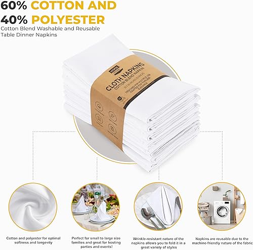Miniatura 4 de Utopia Kitchen Servilletas de tela blanca paquete de 12, 20 x 20 pulgadas mezcla de algodón absorbente, lavables y reutilizables, para cenas,