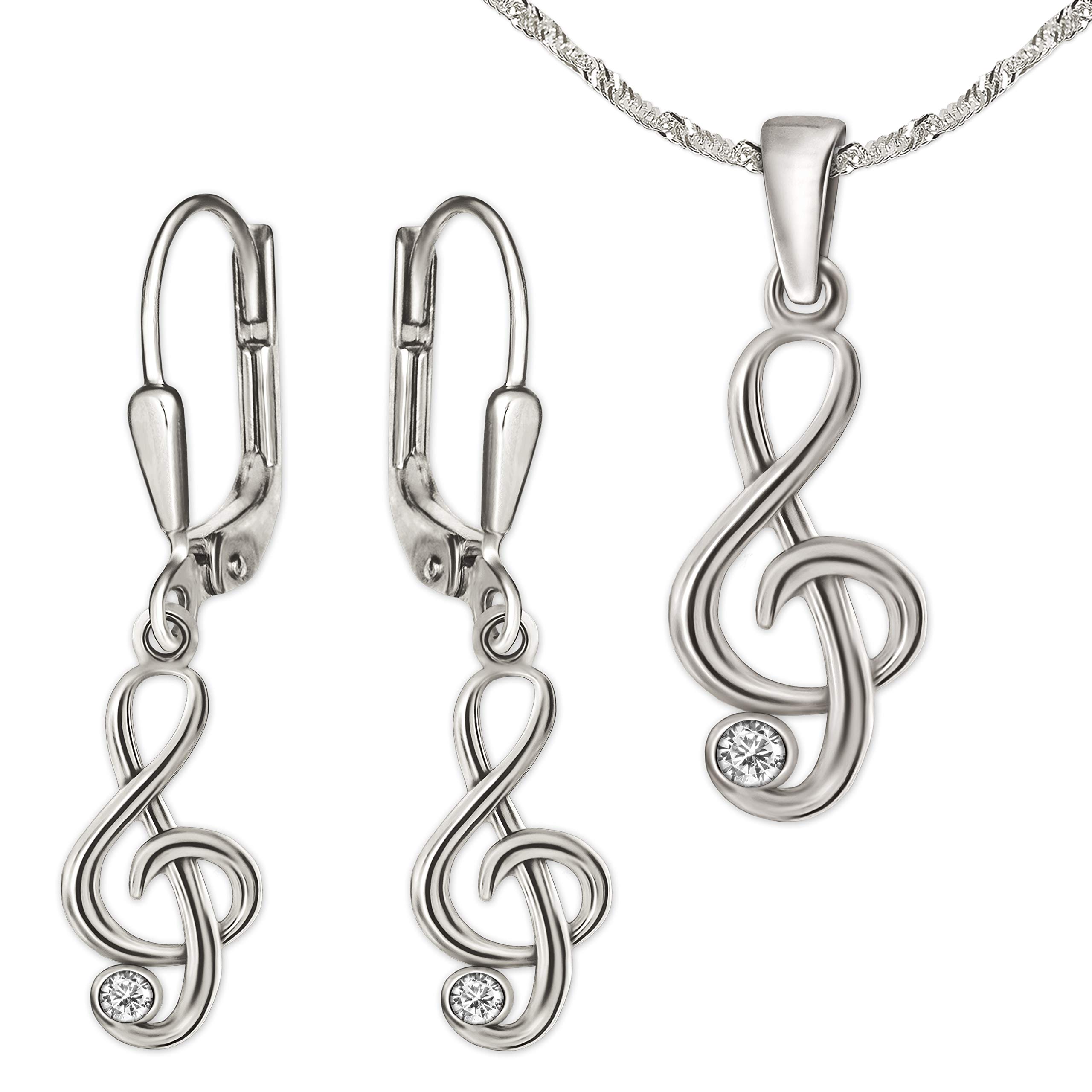 CLEVER SCHMUCK Notenschlüssel Ohrring mit Stein + Violinenschlüssel Anhänger + Singapurkette 45 cm Sterling Silber 925 im Etui creme