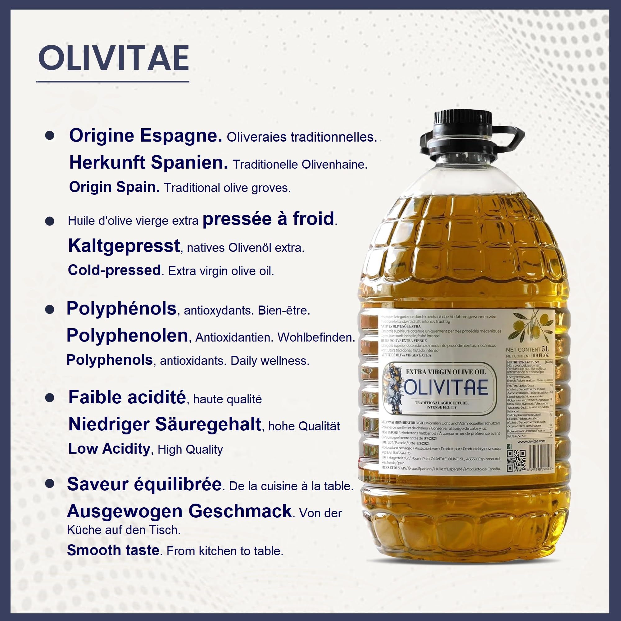 OLIVITAE. Huile d'Olive Extra Vierge 5 Litres. Agriculture Traditionnelle, Saveur Équilibrée. Tolède, Espagne.
