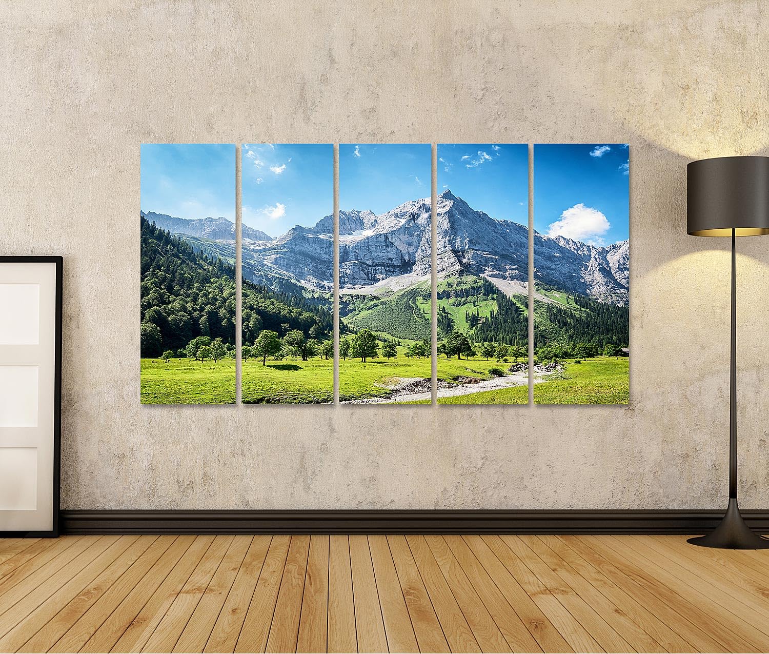 islandburner Bild auf Leinwand Alpenlandschaft mit grünen Wiesen und imposantem Bergpanorama Bilder Wandbilder 160x80cm
