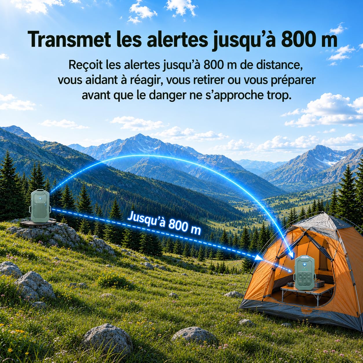 LETWESAF Alarme périmétrique Radar Portable pour Camping, portée 800 m | Radar 24 GHz détecte les mouvements ; portée sans fil de 800 m, rechargeable et IP66 – camping, camping-car et propriété.