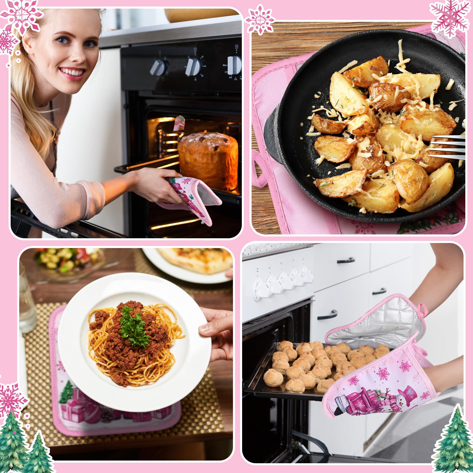 Jingmore Topflappen mit Tasche, Motiv: Hello Winter, Topflappen, Geschenk, Großpackung Schneemann, Zwerg, hitzebeständig, heiße Pads, Ofenhandschuhe, niedliche Schneeflocke, Ofenhandschuhe für