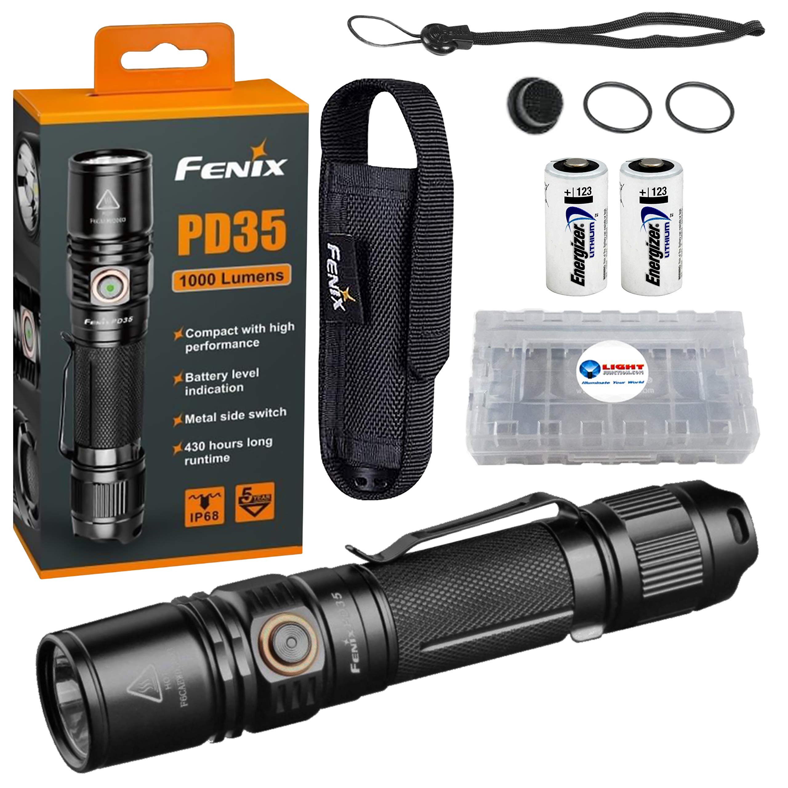 Fenix PD35 V2.0 LED Rechargeable Tactical Flashlight 1000 Lumens with 2 CR123 Batteries and Lightjun