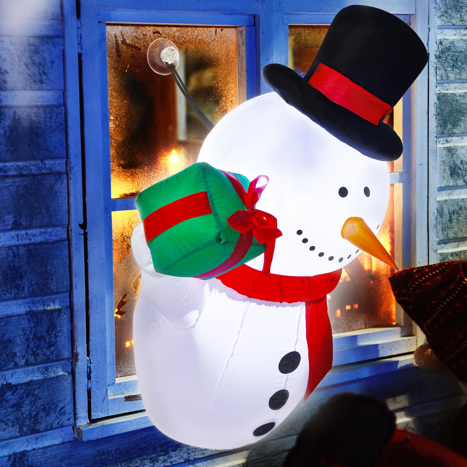 Wettarn Bonhomme de neige gonflable de Noël de 1,1 m avec boîte cadeau, décoration gonflable avec LED intégrée et ventilateur pour extérieur, cour, fête de Noël