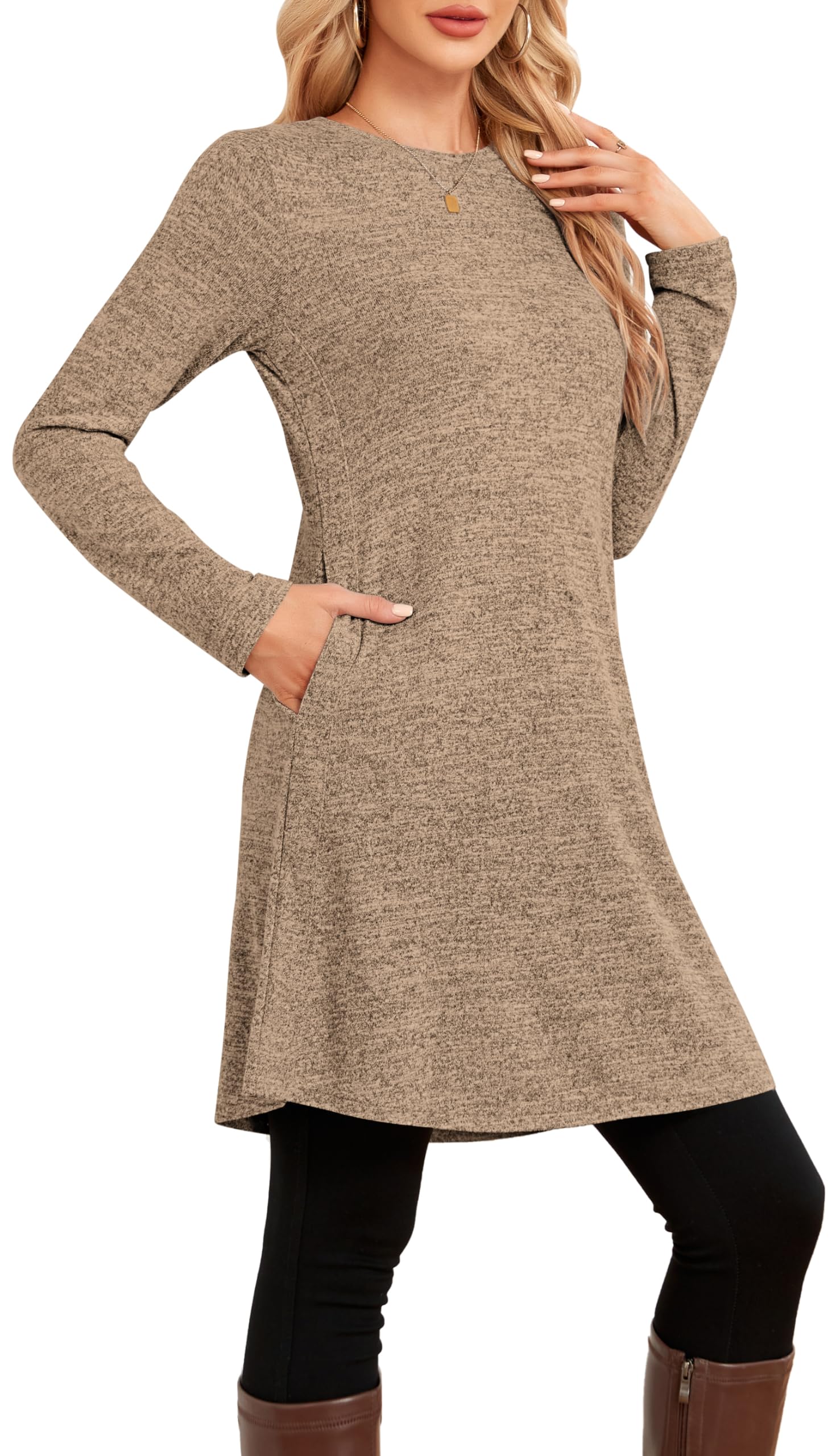 NARRAME Robe Pull pour Femme Printemps-Automne à Manches Longues décontractée Boutons latéraux avec Poches Grand café