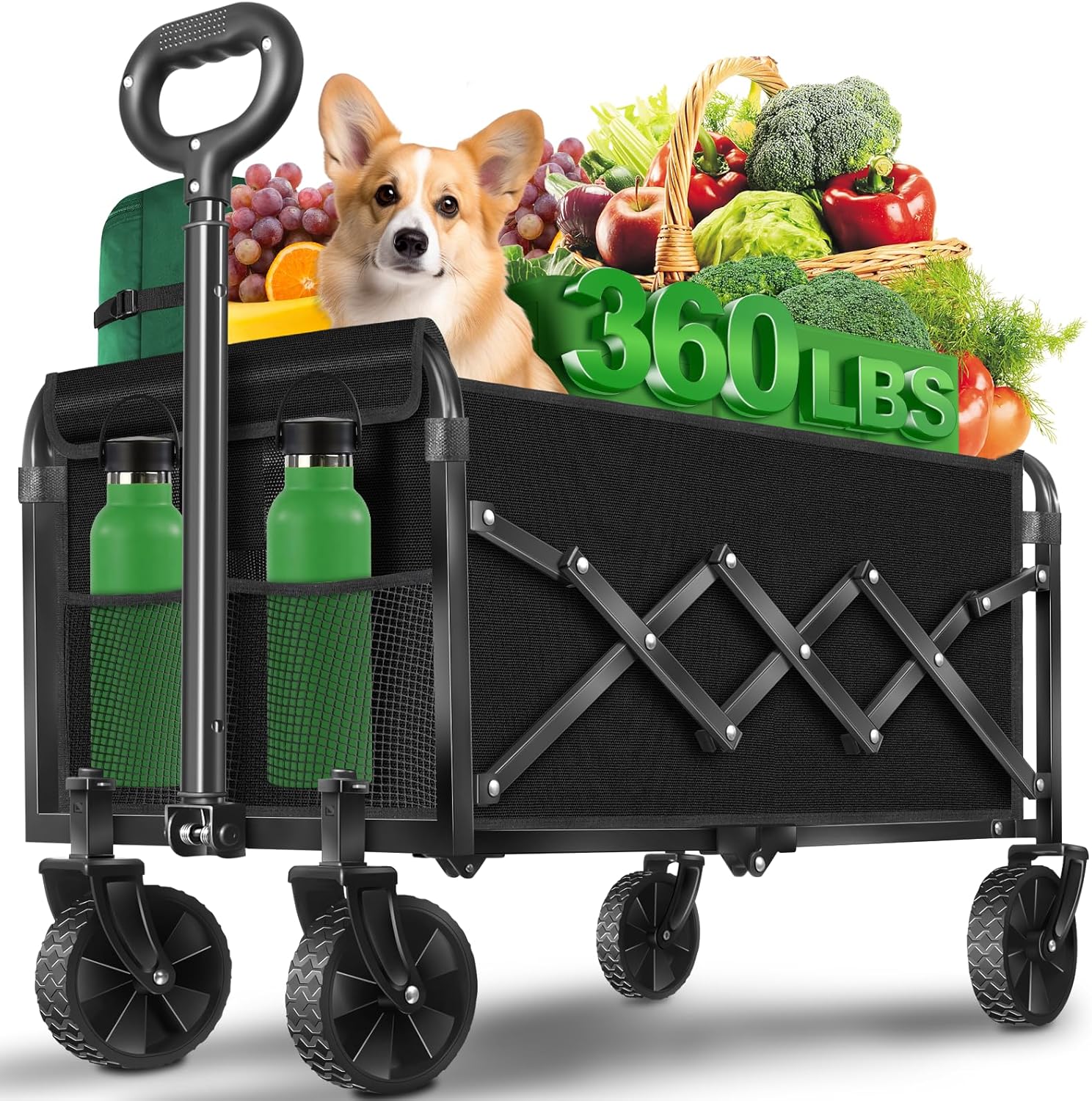 Collapsible Wagons Carts Foldable Wagon, Foldable Wagon Cart with Wheels, Folding Wagons for Beach Camp Sports Garden, 2 Cup Holders/Lightweight Portable/Black/360 LBS Black-360lbs 360 LBS