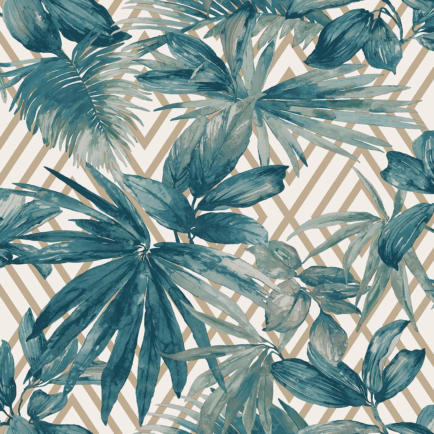 Grandeco Forage Geo Leaf Wallpaper Teal/Gold 156001
