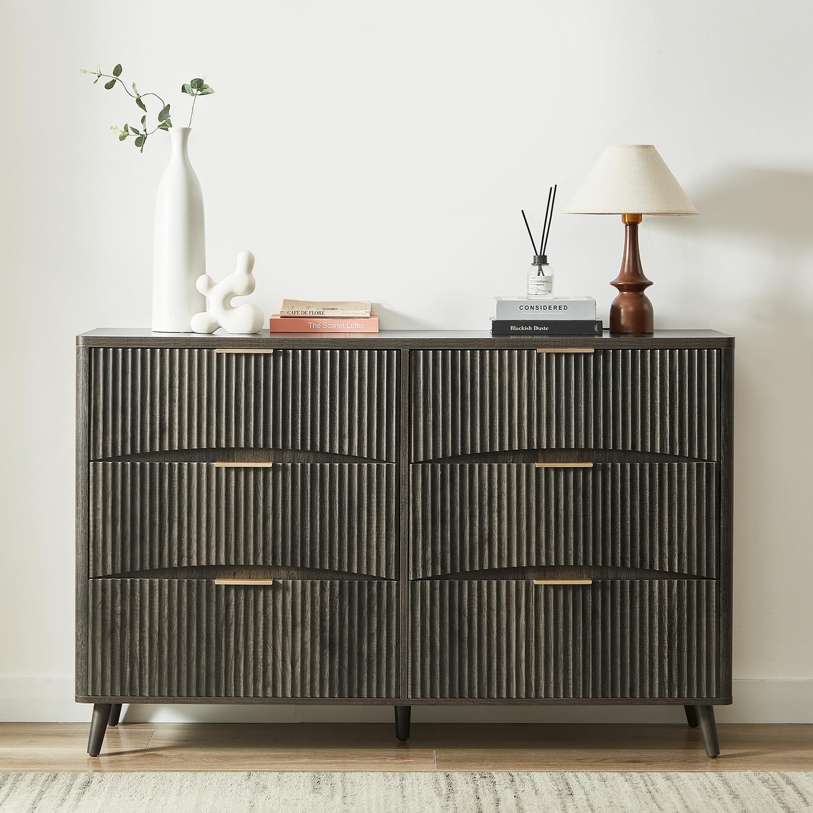 Amazon.com: Evermagin 55" Wide Fluted 6 Drawer Dresser, Mid Century Modern  Curved Dresser, Light Wood Chest of Drawers for Bedroom, Living Room and  Entryway, Dark Grey : Home & Kitchen