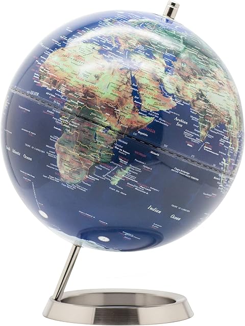 EXERZ 25cm World Globe - Stainless Steel Ring Standing - Globe of Earth - Metallic colour (Blue)