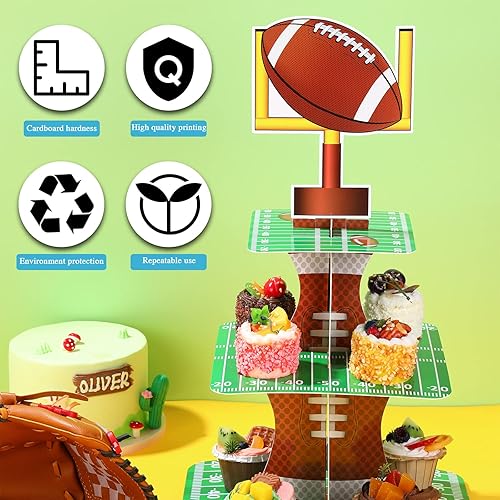 Miniatura 7 de Nuenen Decoración de soporte para cupcakes de fiesta temática de fútbol, torre de concesión de cupcakes de 3 niveles, soporte de postre de